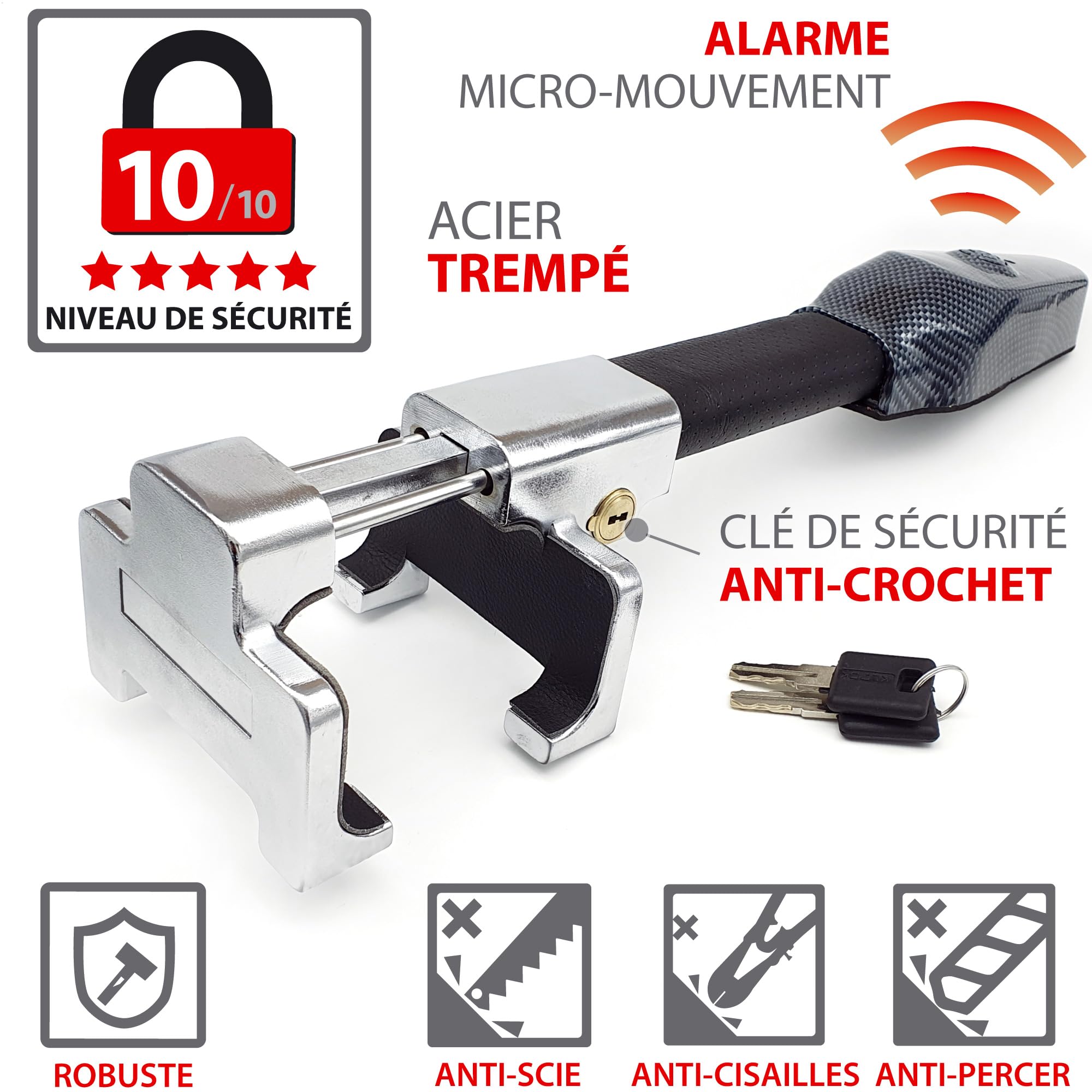 KRASER KR830 Antivol Voiture Avec Alarme 120dB, Canne Antivol Voiture Haute Sécurité, Robust Bloque Volant sur Rayon Plus Dissuasif, Facile à Utiliser, Bloc Barre Anti Vol Universel Auto Camping-Car