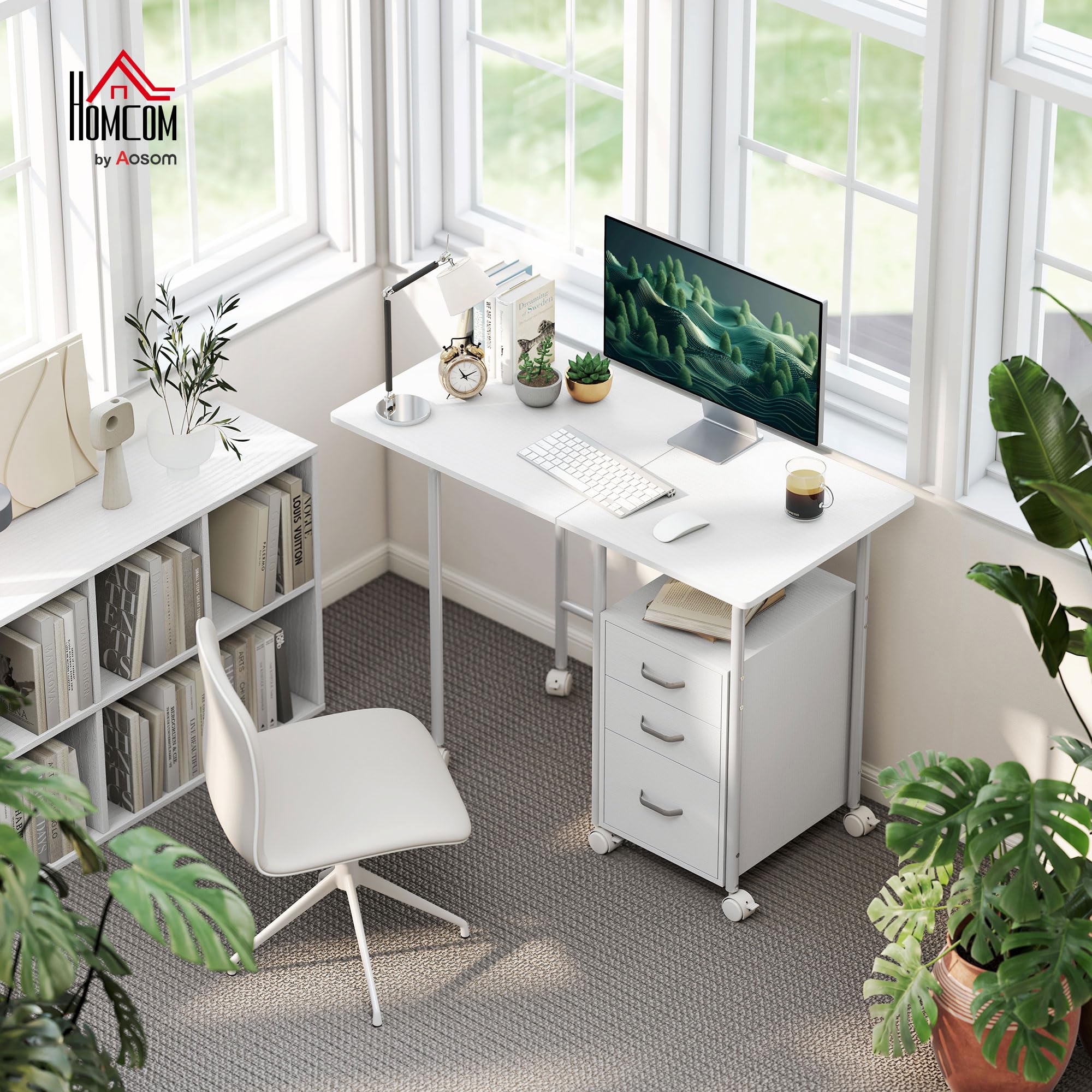 HOMCOM Escritorio Plegable con Ruedas y 3 cajones 105x51x75,5 cm Blanco | Escritorio para ordenador, sobre extensible, estructura de acero, para teletrabajo, dormitorio, estudio, estilo moderno.