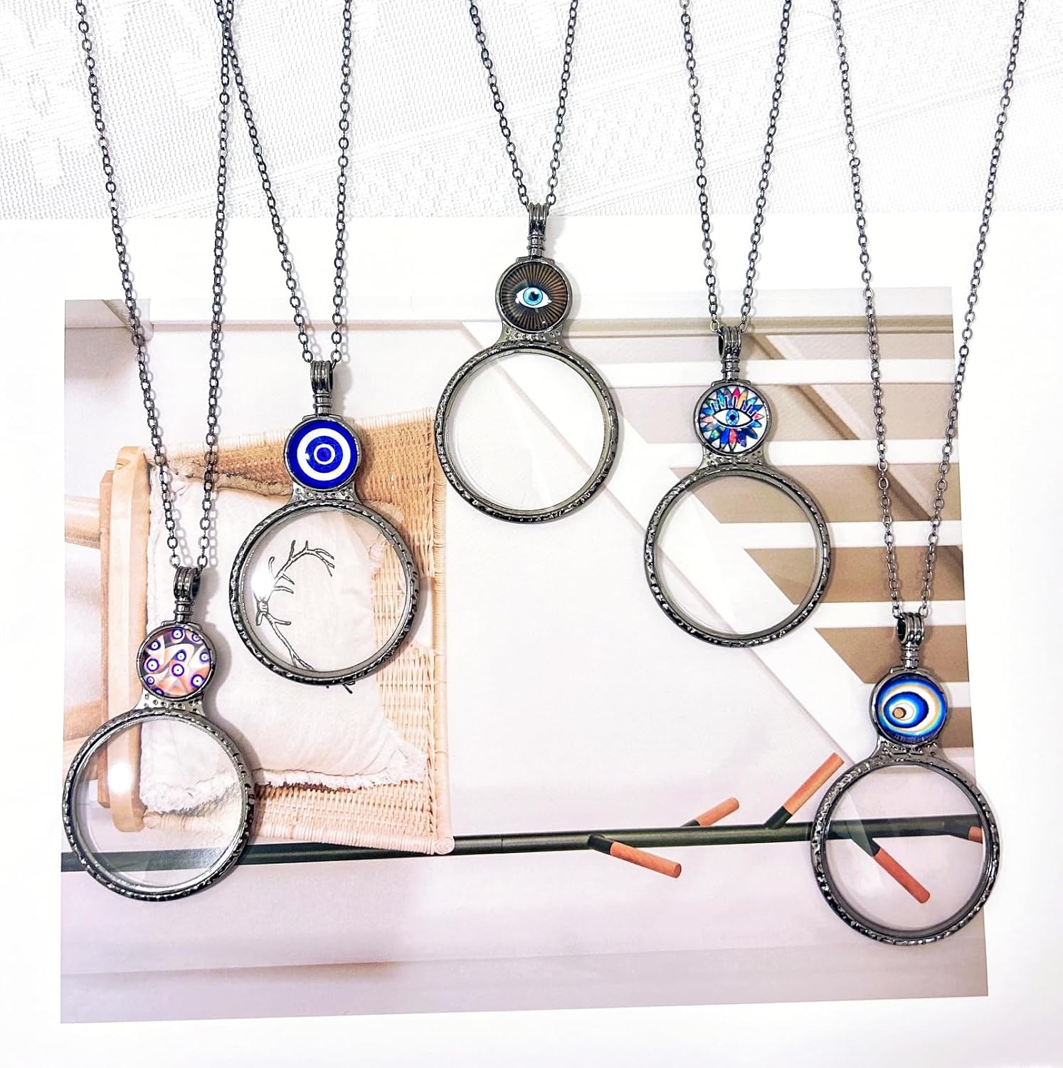 2 Pack Magnifying Glass Necklaces10x Magnifying Long Chain, Women's Choker for Reading Jewelry Needlework Vision Enhancement (Blue)