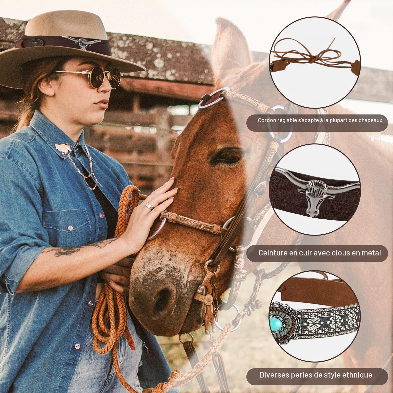 LUTER 6pcs Bande de Chapeau de Cowboy, Bandeau Chapeau Cowboy Cuir PU Souple Remplacement de la Bande de Chapeau, Chapeau de Paille,Chapeau de Cowboy (6 Styles)