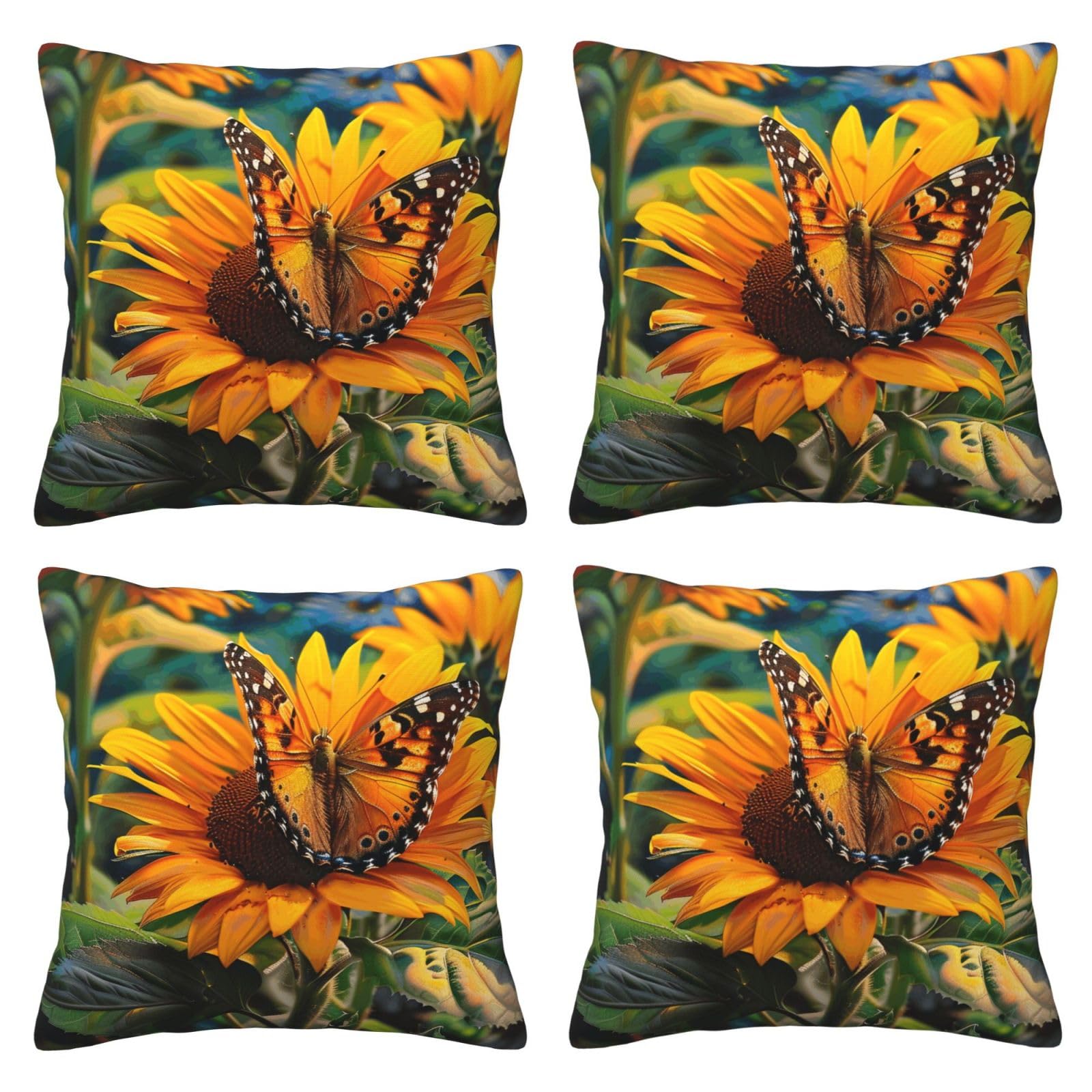Sunflower Butterfly Throw Pillow Cases 4 Pack Square Pillowcases Super Soft Pillow Protectors With Zipper for Couch Livingroom Sofa Bed Office Car,30x30 CM