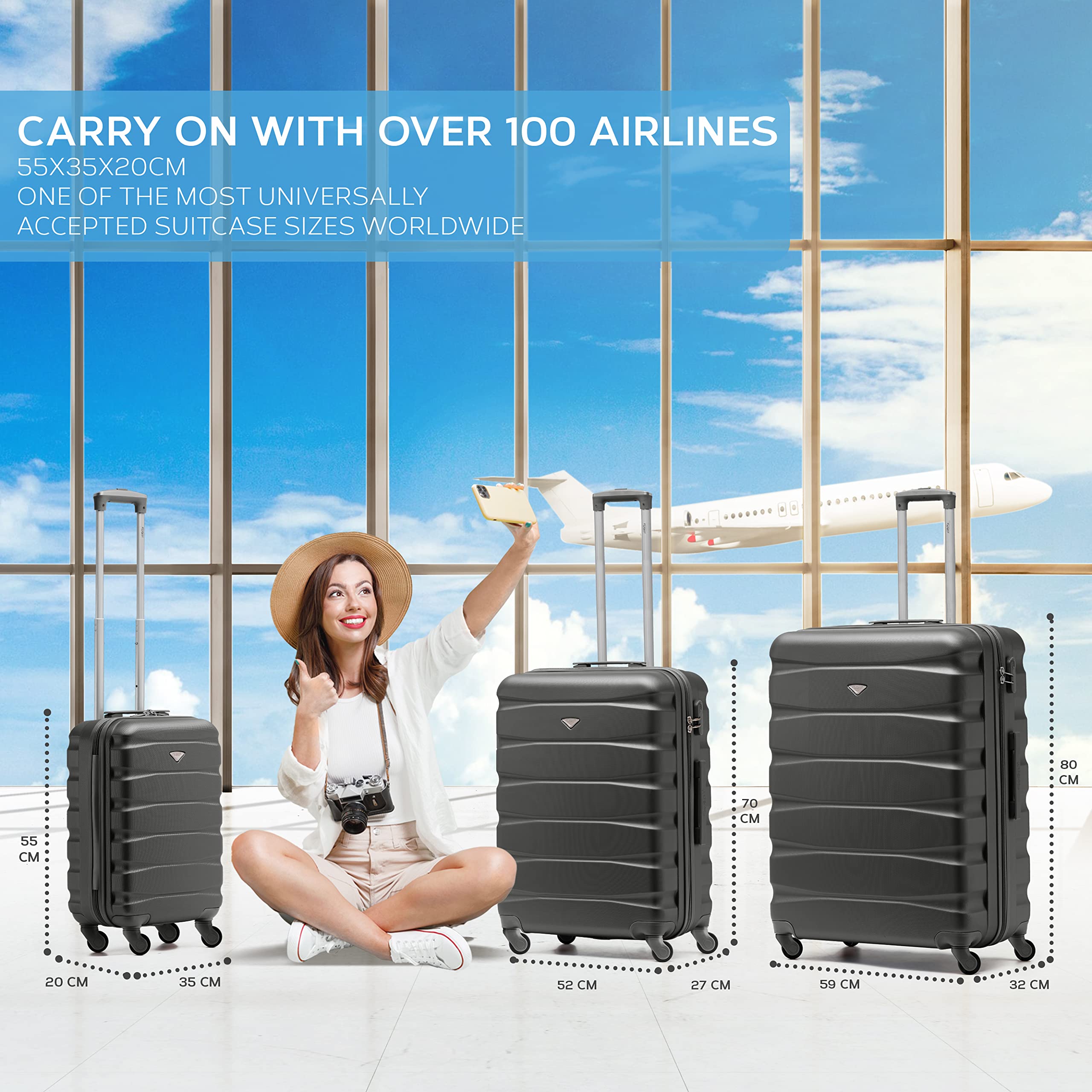 Flight Knight Lightweight 4 Wheel ABS Hard Case Suitcases Cabin & Hold Luggage Options Approved For Over 100 Airlines Including easyJet, British Airways, RyanAir, Virgin Atlantic, Emirates & Many More