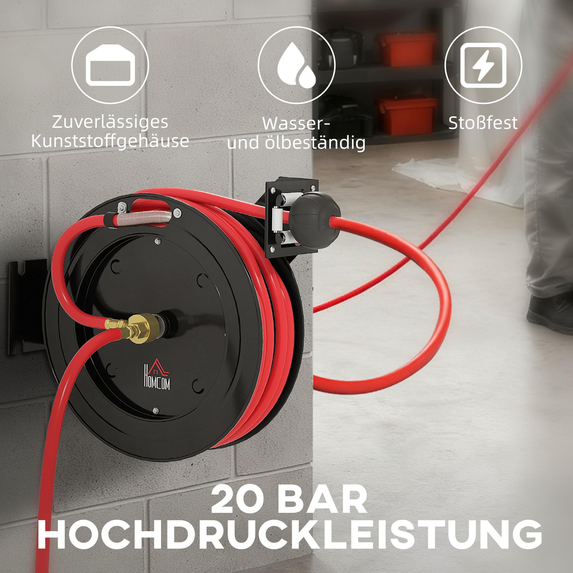 HOMCOM Carrete manguera aire automático 15m+1m | Conexión 1/4", 9,5x15,8mm, máx 20 bar, freno manguera, carrete con soporte pared.