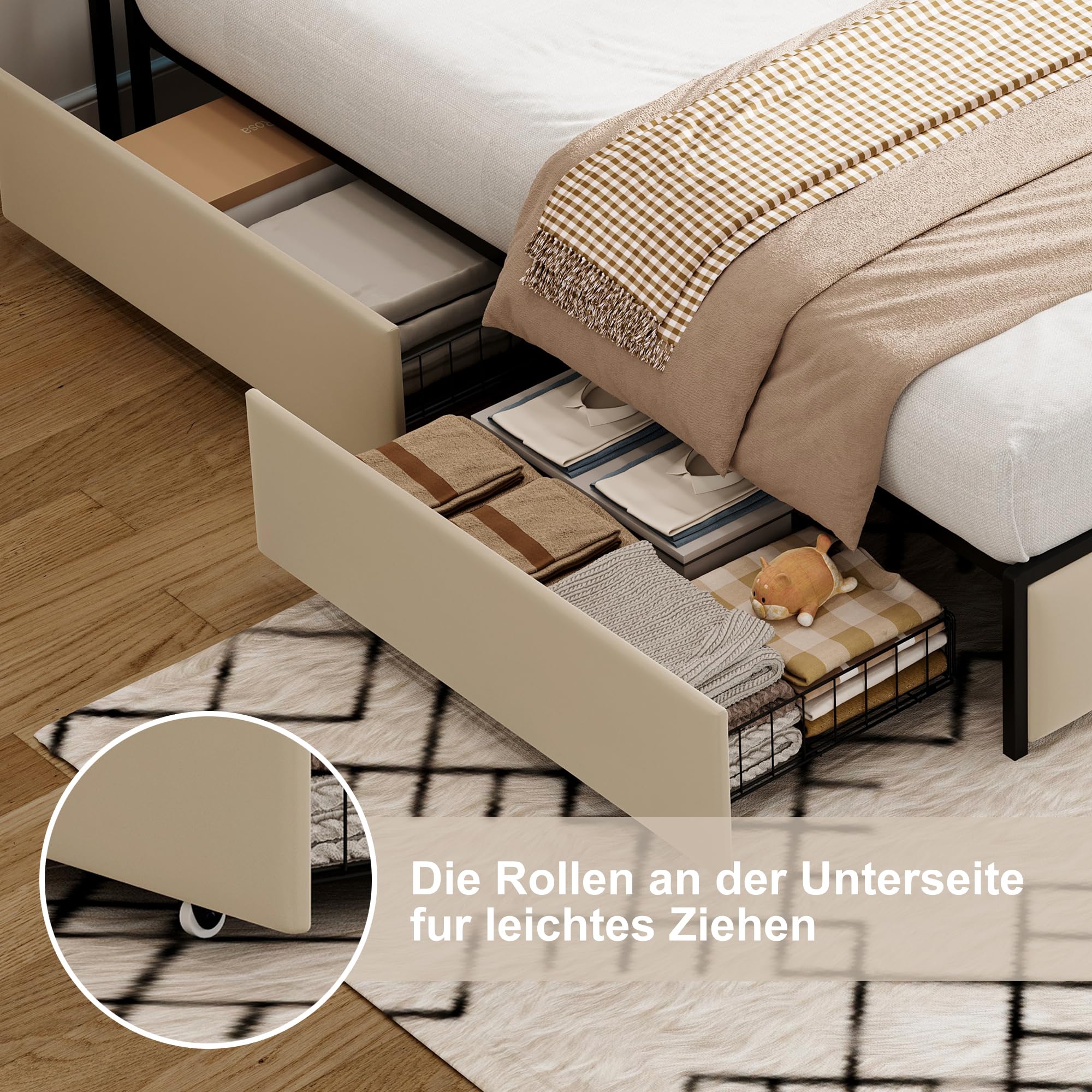 TITA-DONG Polsterbett 160x200cm mit LED und USB Ladestation, Stauraumbett mit 4 Schubladen und Staufach-Kopfteil, Doppelbett mit Lattenrost, Flanell, ohne Matratze (Beige A)