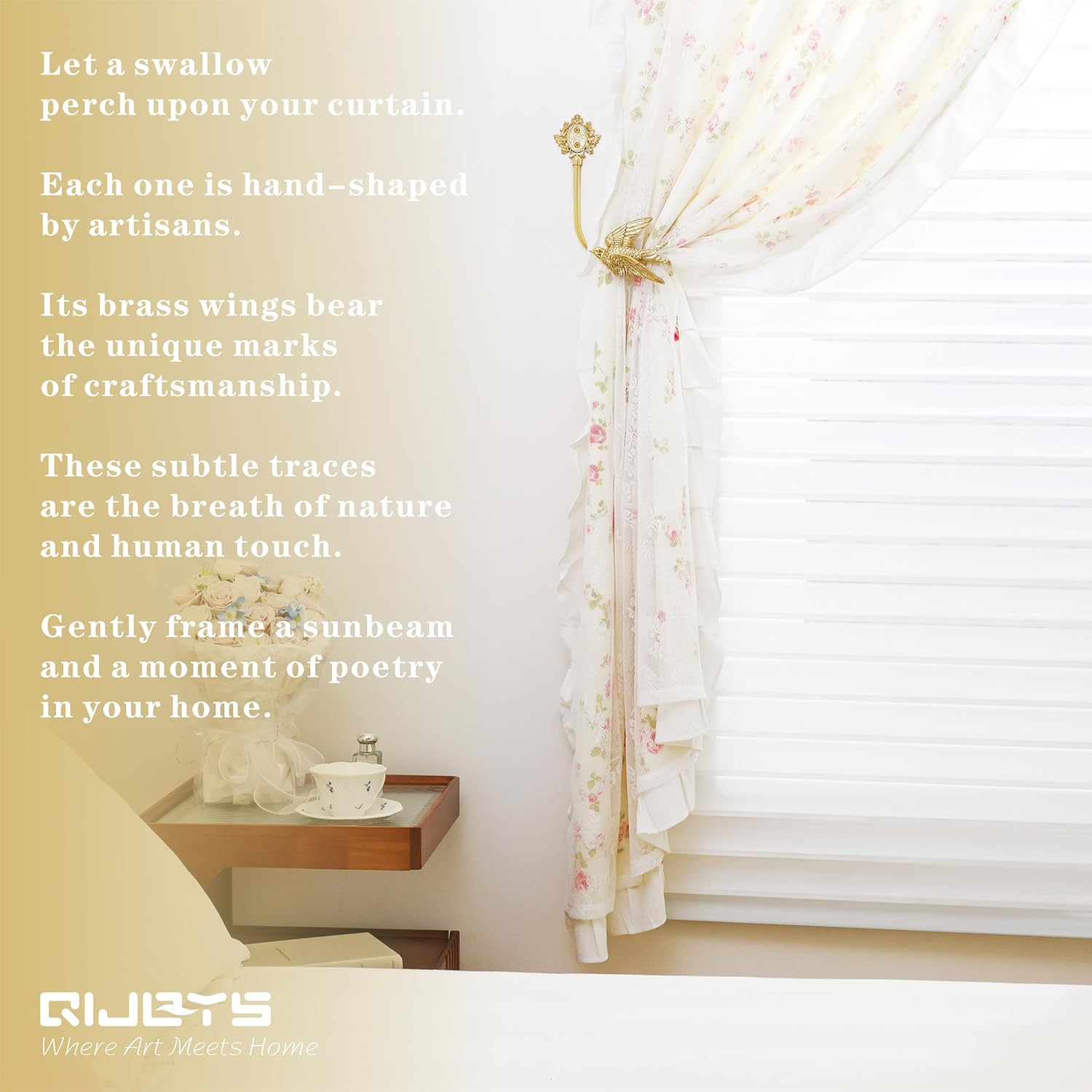 Solid Brass Bird Curtain Holdbacks, Hand-Forged Gold Wall Mounted Curtain Tiebacks with Swallow Design (A Pair of Swallows)