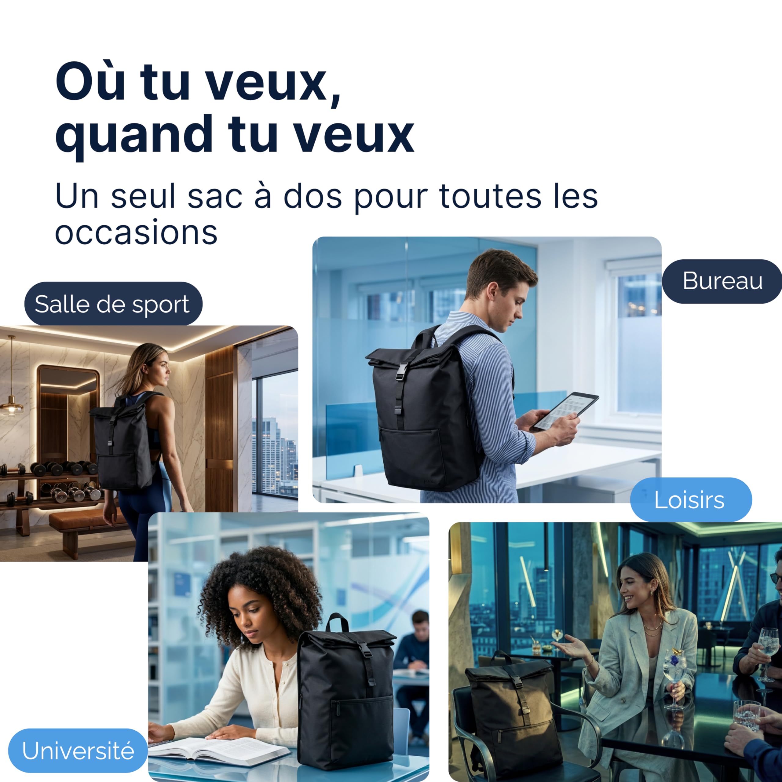 MASC Sac à dos Rolltop Business, sac à dos urbain élégant porte-PC 17 pouces, extensible et idéal pour les voyages, le bureau et l'université