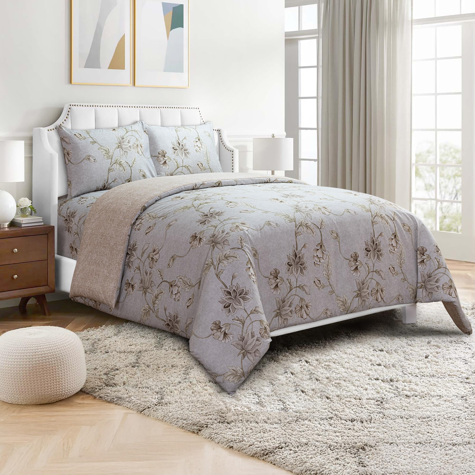 King Size Printed Comforter Set 220x240cm – 4-Piece Bedding with Ultra-Soft Comforter, Fitted Sheet 200x200+30cm & 2 Pillowcases 51x76cm – Stylish Pattern for Cozy Sleep(Botanical Floral Design)