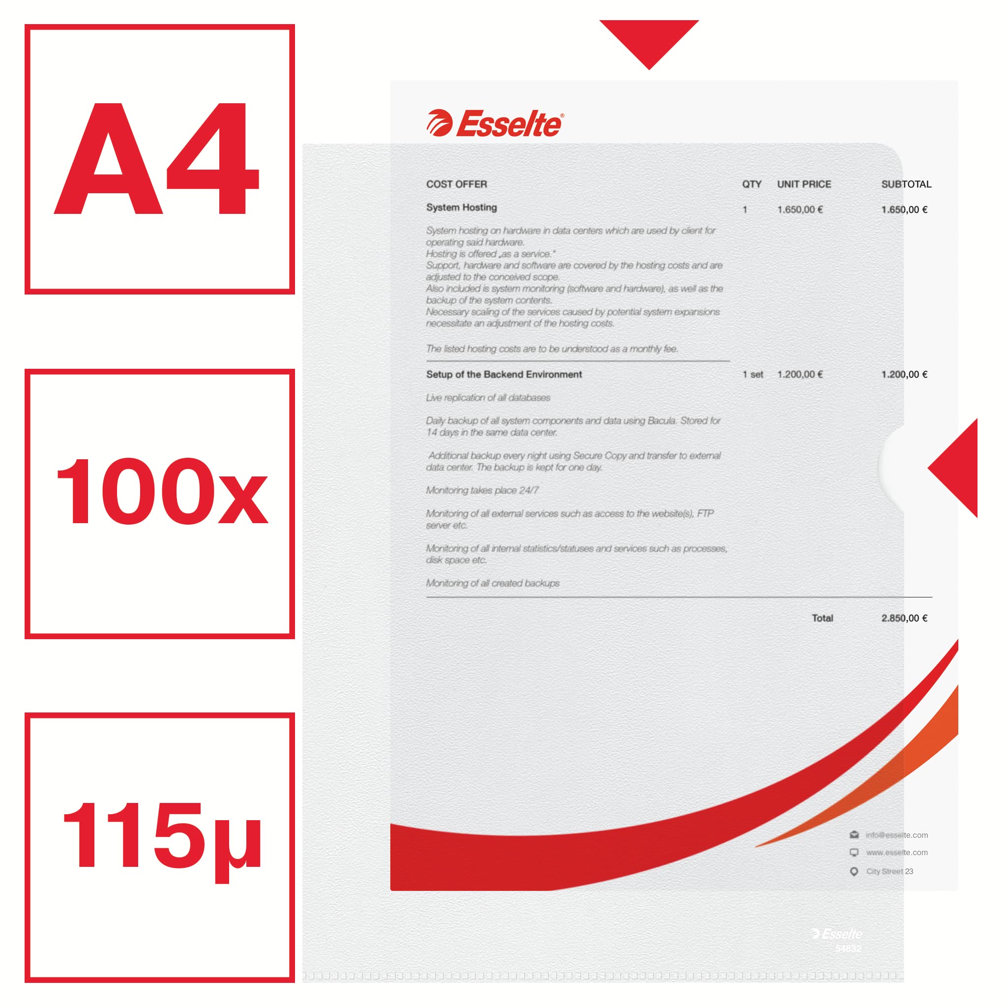 Esselte, Chemise-Coin Premium A4, Matière Grainée Mate Transparente, Polypropylène 115 Microns, Lot de 100, 54832