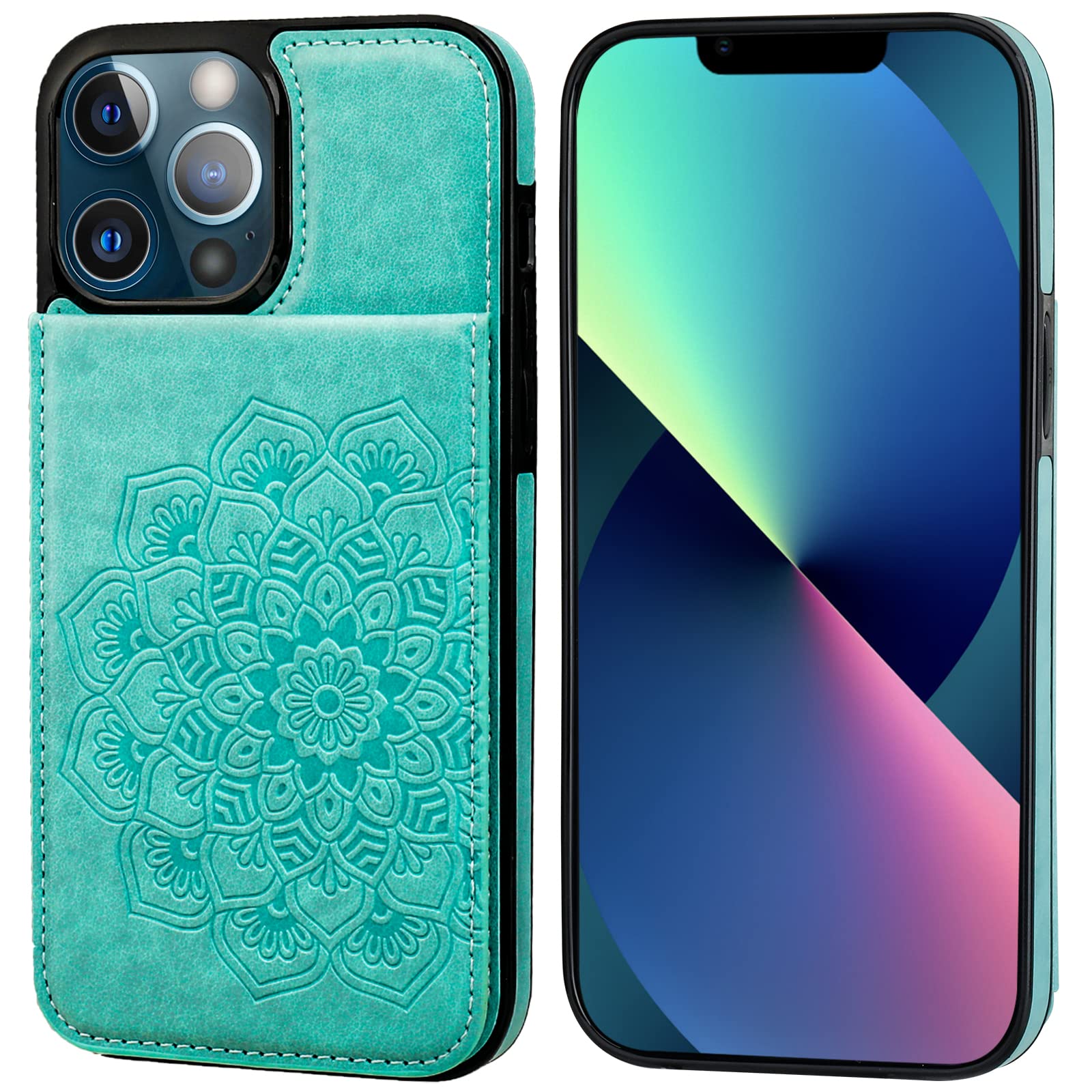 Vaburs Funda tipo cartera para iPhone 13 Pro, funda con función atril y tarjetero de crédito, patrón floral de mandala en relieve, piel sintética, cierre magnético, a prueba de golpes, funda