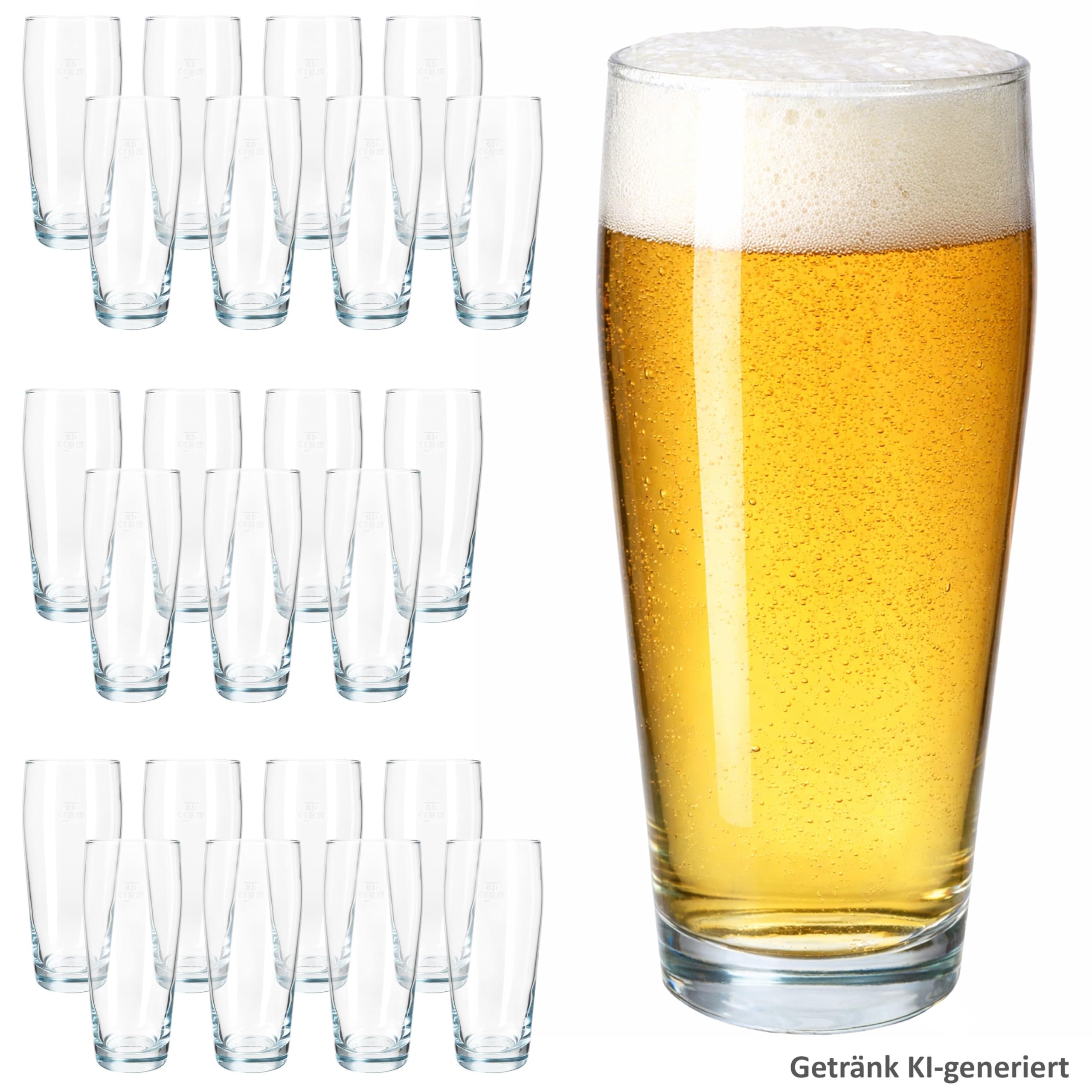 MamboCat Lot de 24 gobelets à bière, 0,5 l, en verre transparent avec trait de repère - Pour bière, eau, cocktails et boissons gazeuses - Idéal pour les restaurants, les bars et les restaurants