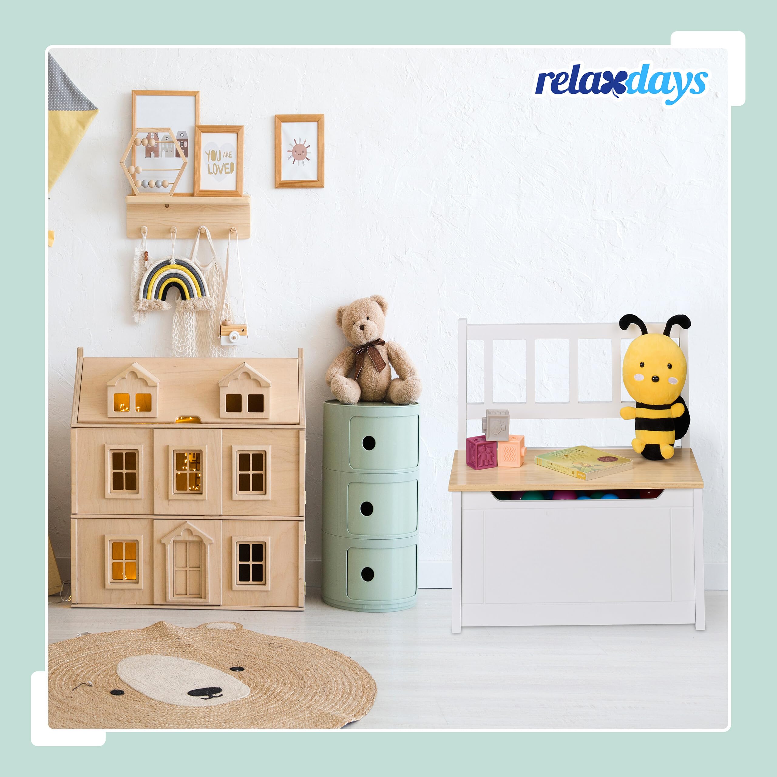 Relaxdays Kinderbank mit Stauraum, Klappdeckel, Rückenlehne, HxBxT: 55 x 57 x 31 cm, Kinder, Spielzeugkiste, weiß/Natur