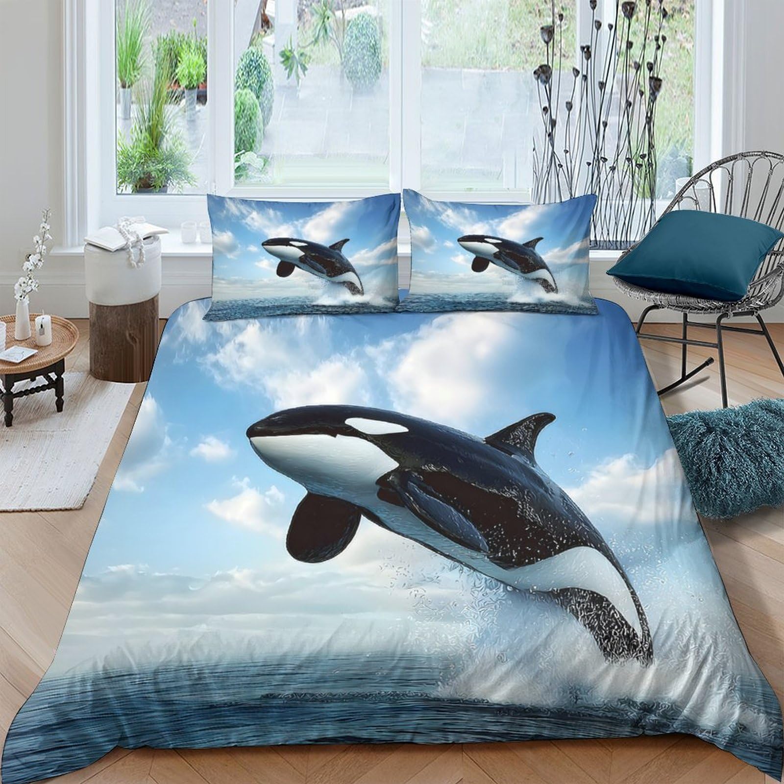 TUFRTGYHN 3D Printed Ocean Whale Duvet Cover Microfiber Soft Animal Jump Bedding Set with 2 Pillowcases for Bedroom Decor Single（135x200cm）