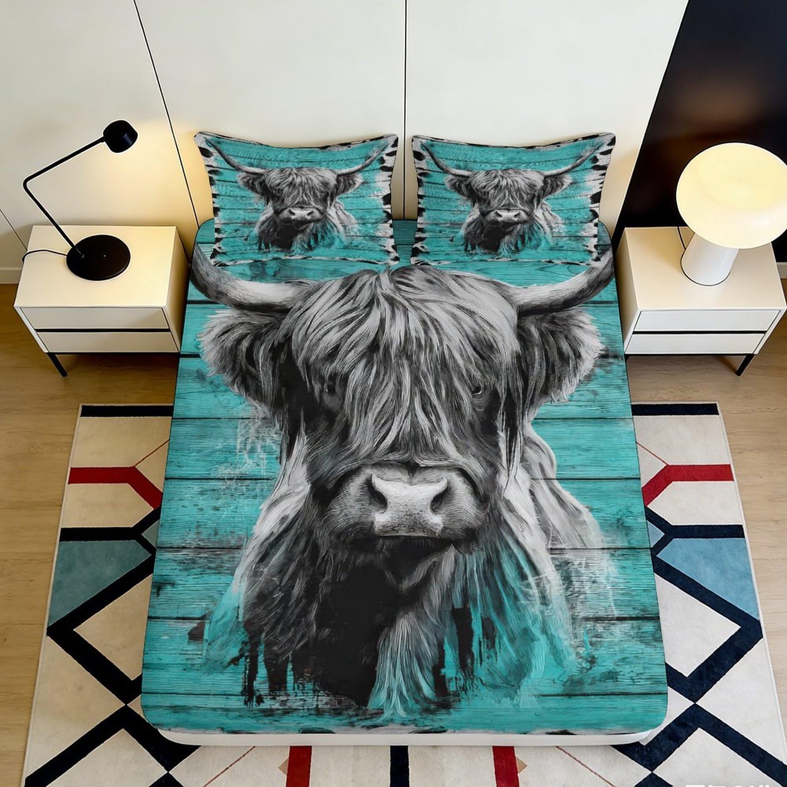 Jqzkxnhpbr Style-8 3D Printed Highland Cow Fitted Sheet Microfiber Turquoise Wood Bed Cover For Bedroom Dorm Mattress Protection Decor 90X200x25cm