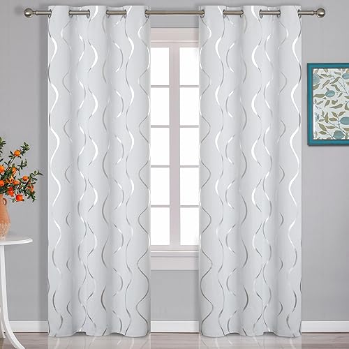 Estelar Textiler Greyish White Curtains Silver Wave Pattern Print Blackout Room Darkening Thermal Insulated Grommet Window Curtains for Living Room, 38W x 84L, 2 Panels