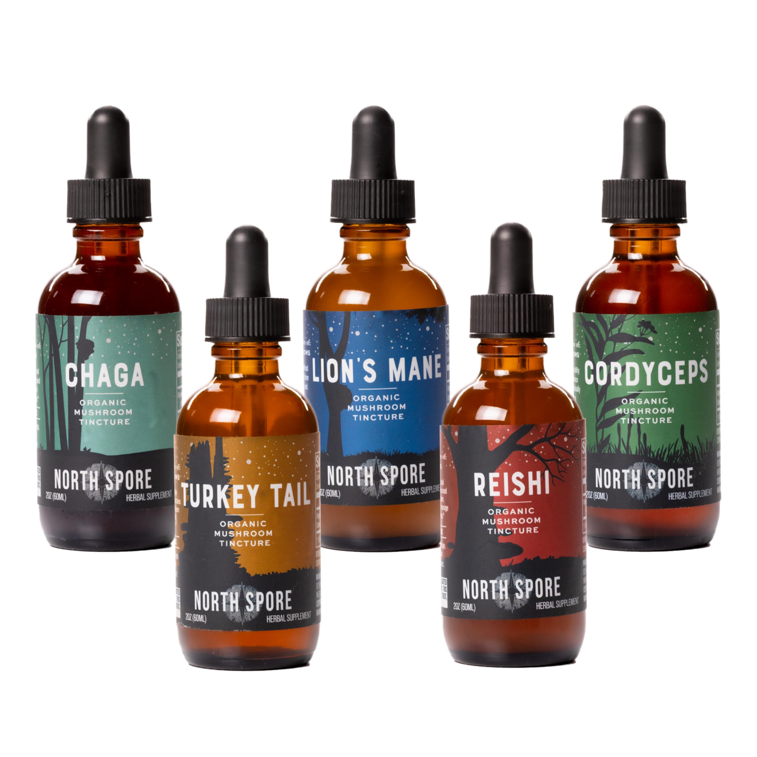 North Spore (5-Pack Mushroom Tincture Variety Pack, 2 oz Each | Lion's Mane, Chaga, Cordyceps, Turkey Tail, Reishi | Organic, Vegan, Non-GMO | 100%
