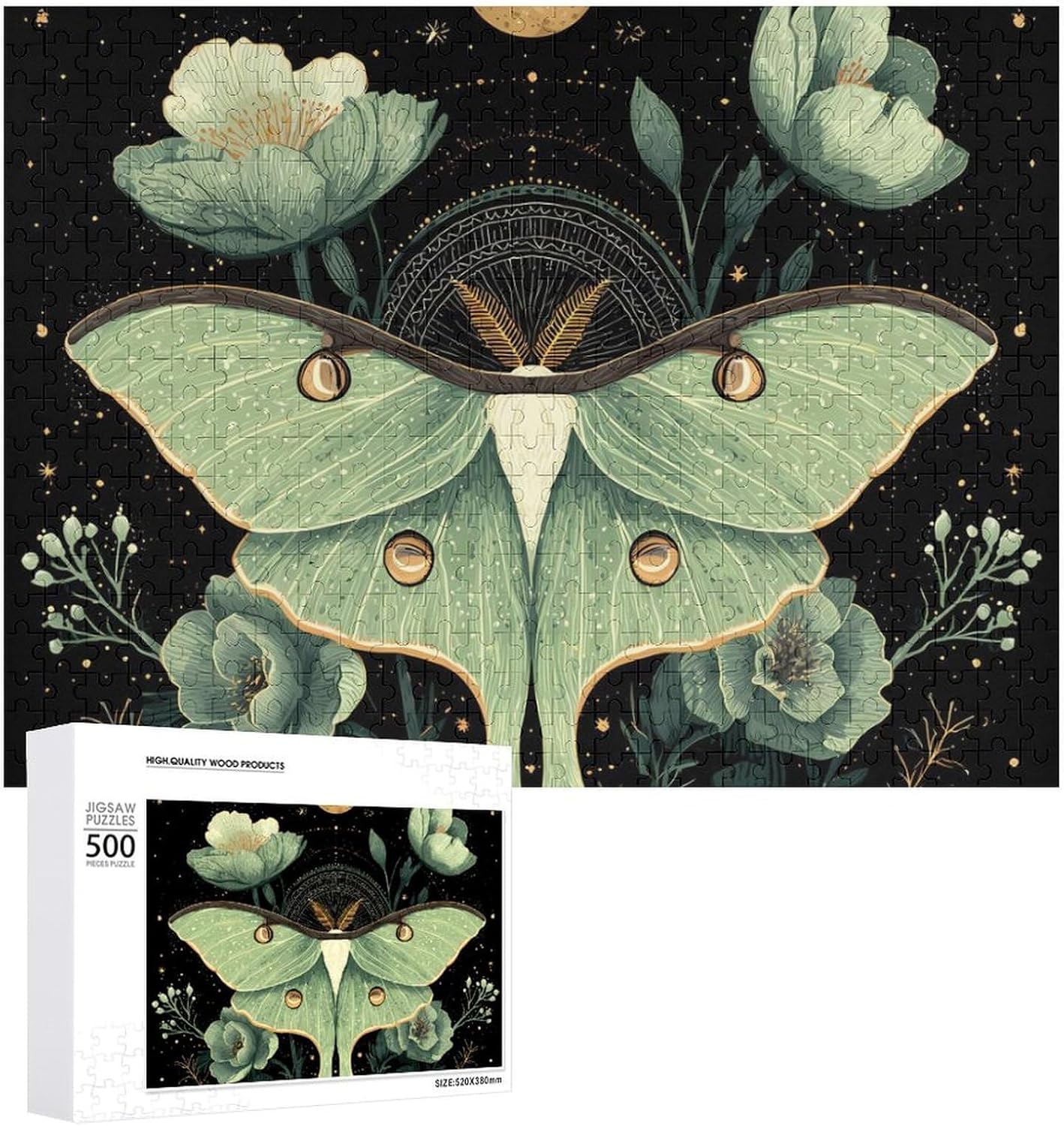 Luna Moth Moon Phase Plants Puzzles for Adults 500 PCS Wooden Jigsaw Puzzle Wall Decor Christmas