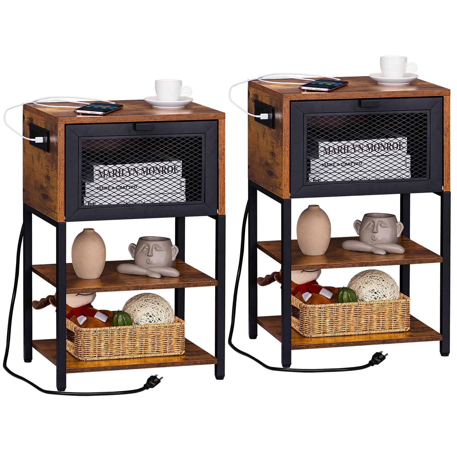 LEBOAHOUS Brown Nightstands Set of 2 with Charging Station and USB Port, 3 Tier Industrial Night Stand, Bedside Table with Flip Storage Drawer and Open Shelf, End Side Table for Bedroom, Office, Dorm