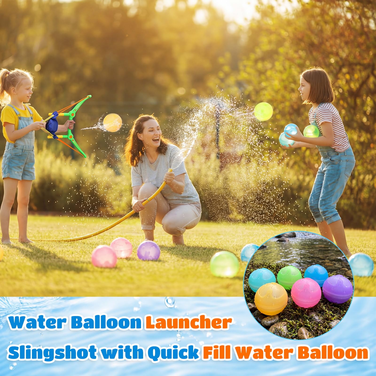 Soulchen Confezione da 2 fionde per lanciare palloncini d'acqua, con 8 palline in silicone riutilizzabili, giocattoli estivi per bambini, adolescenti, adulti, per spiaggia, piscina, prato, feste
