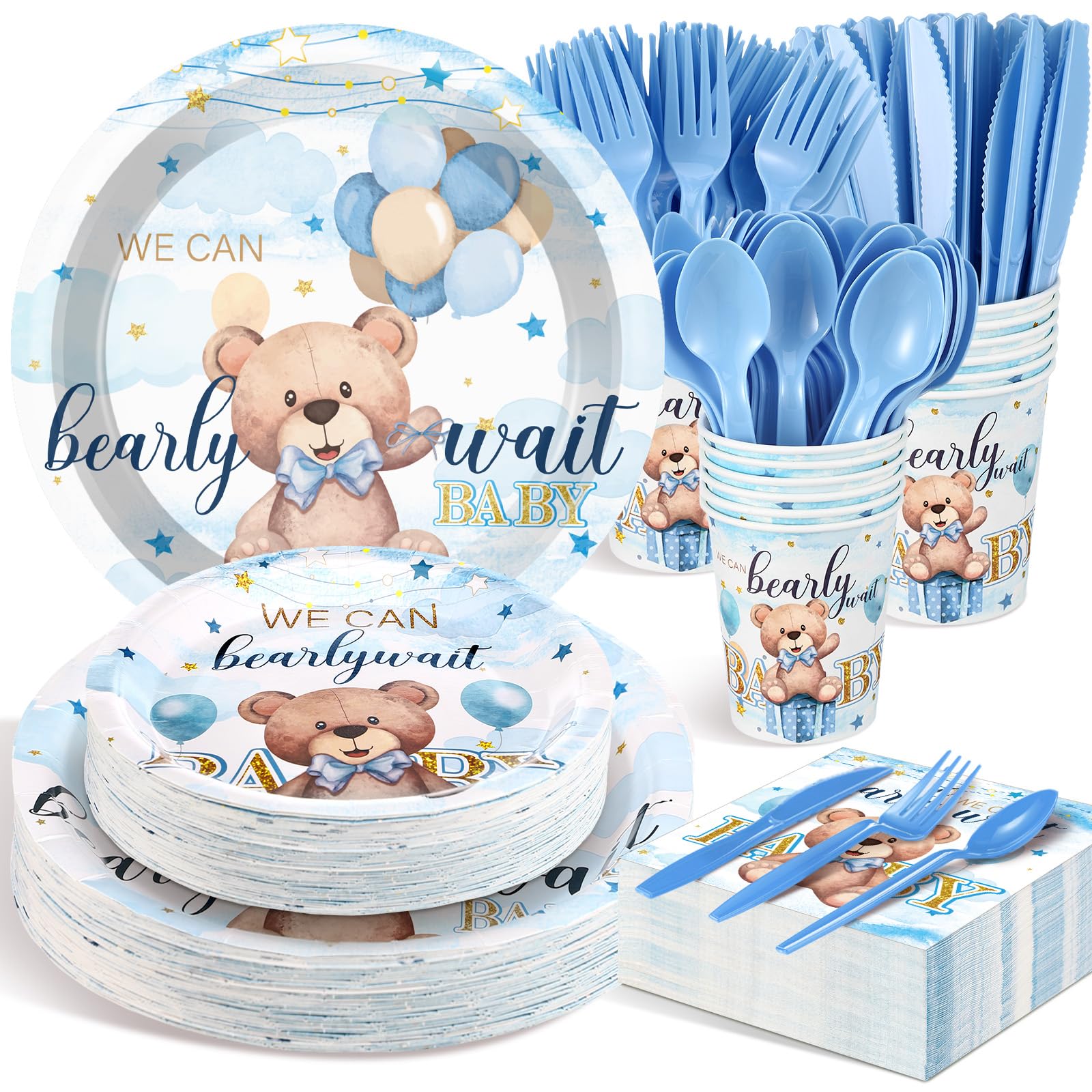 Sliner 175 Pcs Blue Bear Baby Shower Decorations Boy Tableware Set Serves 25 Guests, Baby Shower Party Supplies Includes Plates Napkin Cups Forks