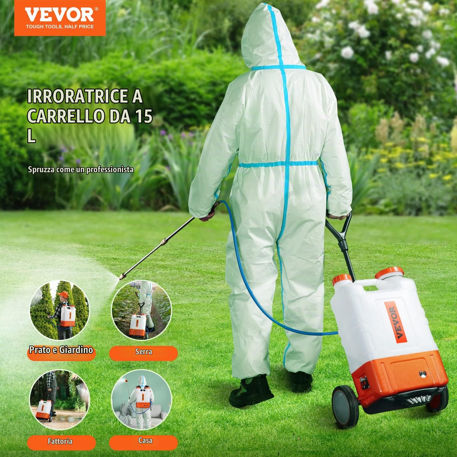 VEVOR Irroratore a Zaino con Carrello, Pressione Regolabile 0-94 PSI Serbatoio da 15 Litri su Ruote, con 8 Ugelli, 2 Lance, Coperchio a Bocca Larga per Giardino, Diserbo, Irrorazione, Pulizia
