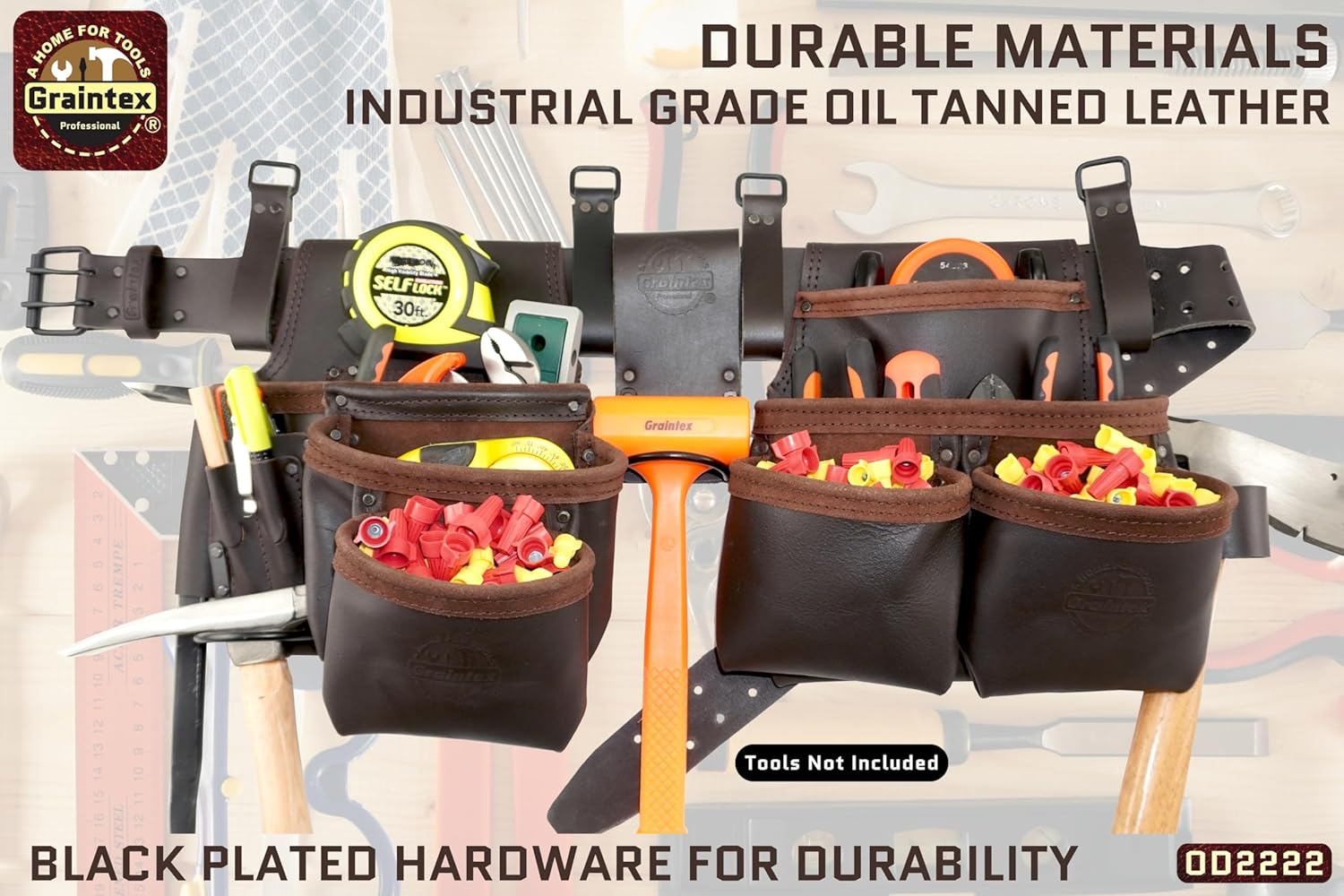Graintex 13 Pocket Framers Tool Belt, 4 Pc Combo Industrial Grade Leather Tool Pouch, 2” Leather Belt & Hammer Holder, Bags for Drywall Tools, Electricians, Plumbers