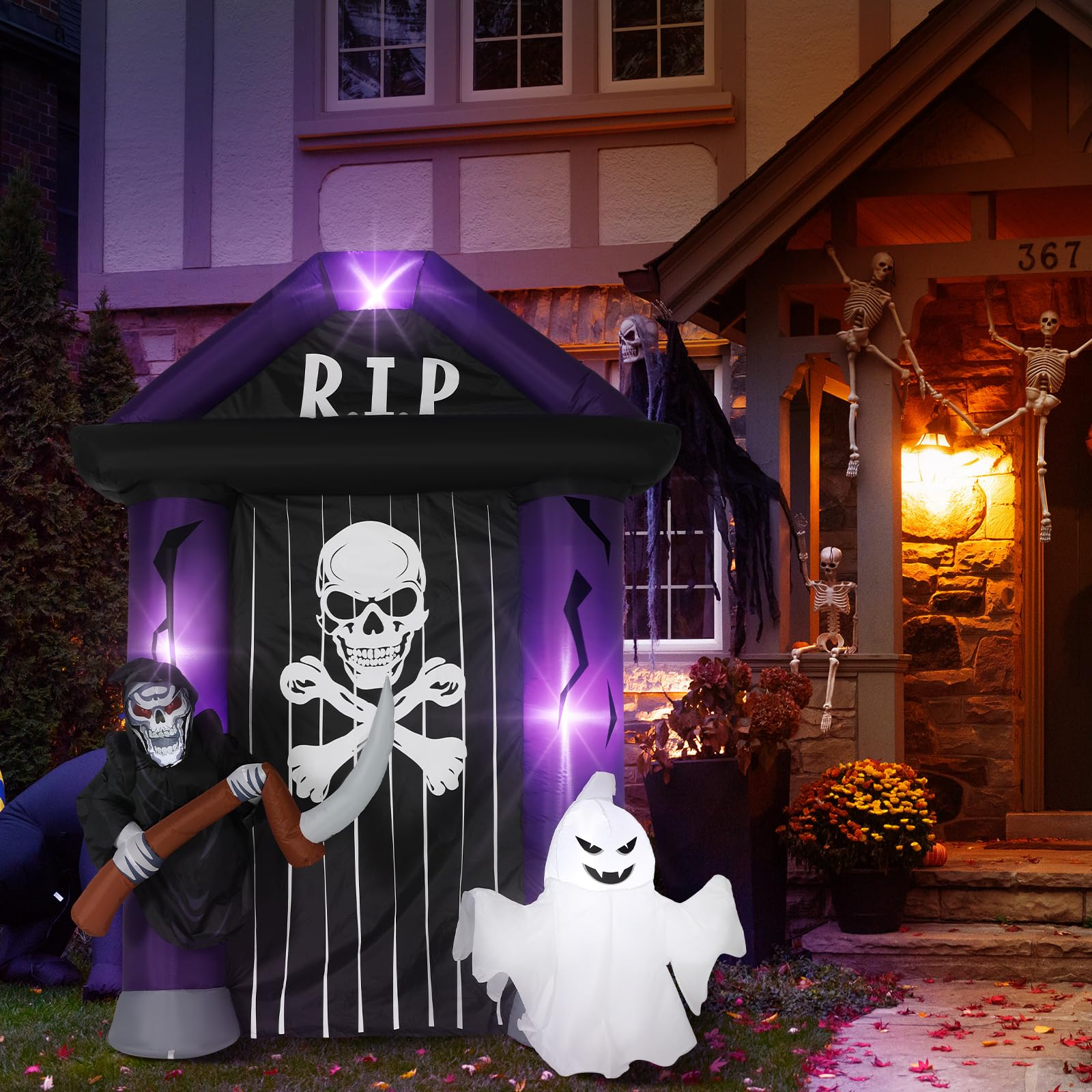 8 ft Halloween Inflatable Archway Halloween Blows up Cemetery Archway with LED Haunted House Ghost Tombstone Outdoor Decoration Arch for Garden Yard Lawn Party