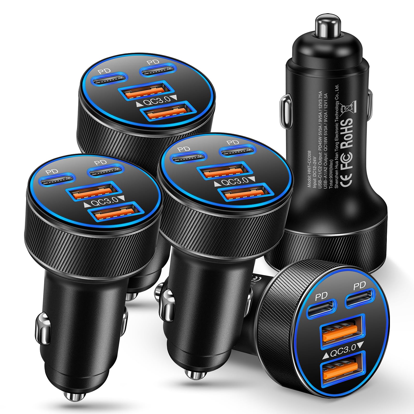 Paquete de 5 cargadores de coche USB C, multipuerto de 90 W, adaptador de encendedor de cigarrillos de carga súper rápida, adaptador de corriente dual USB-C y USB-A 4 en 1 para iPhone 17/16/15/Pro Max