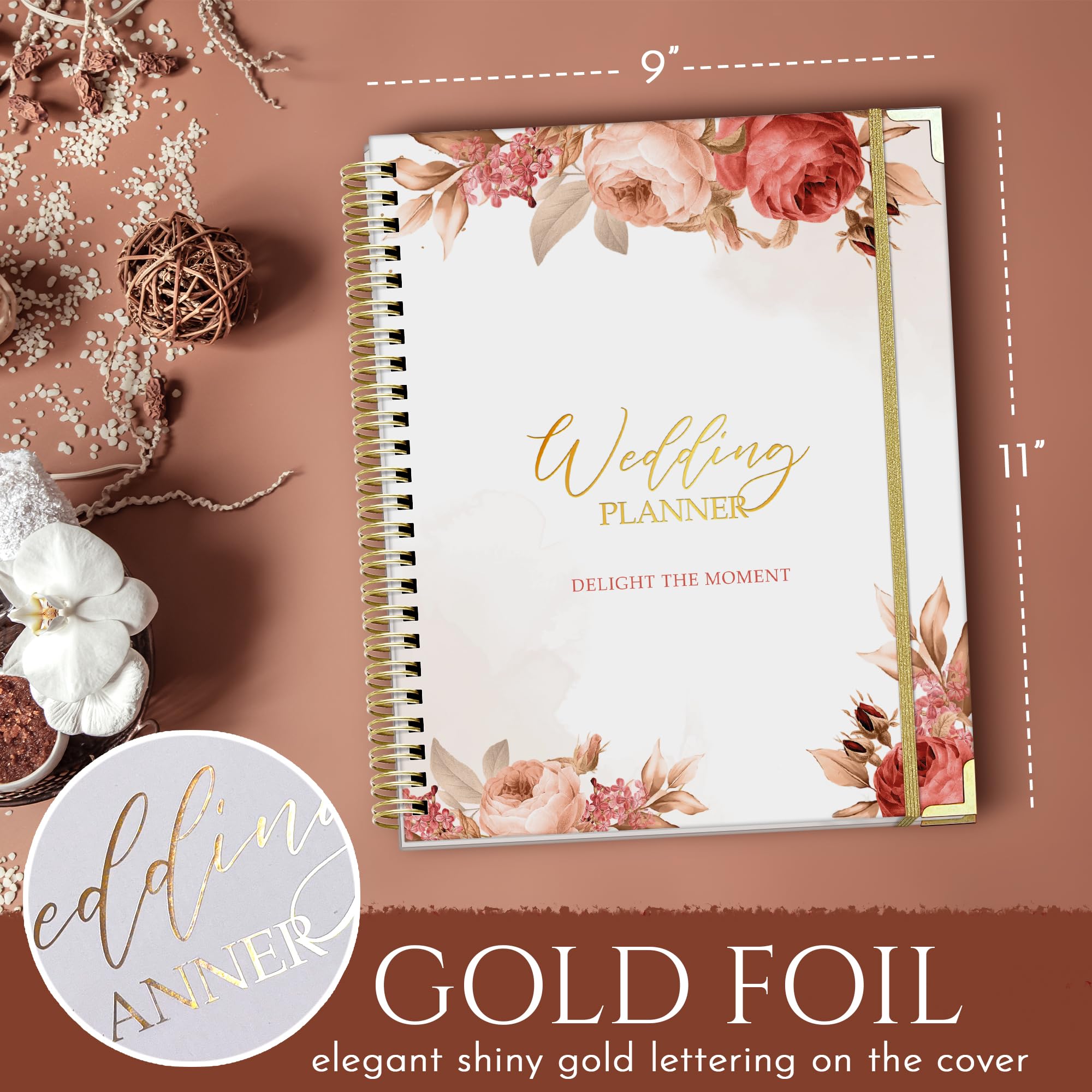 Eleganter Vintage-Hochzeitsplaner mit Blumenmuster, 22,9 x 27,9 cm, Hochzeitsplaner und Organizer mit goldenen Kanten, schönen Rosen und Taschenteilern, Tagebuch mit 132 Seiten, Hochzeitsplaner für