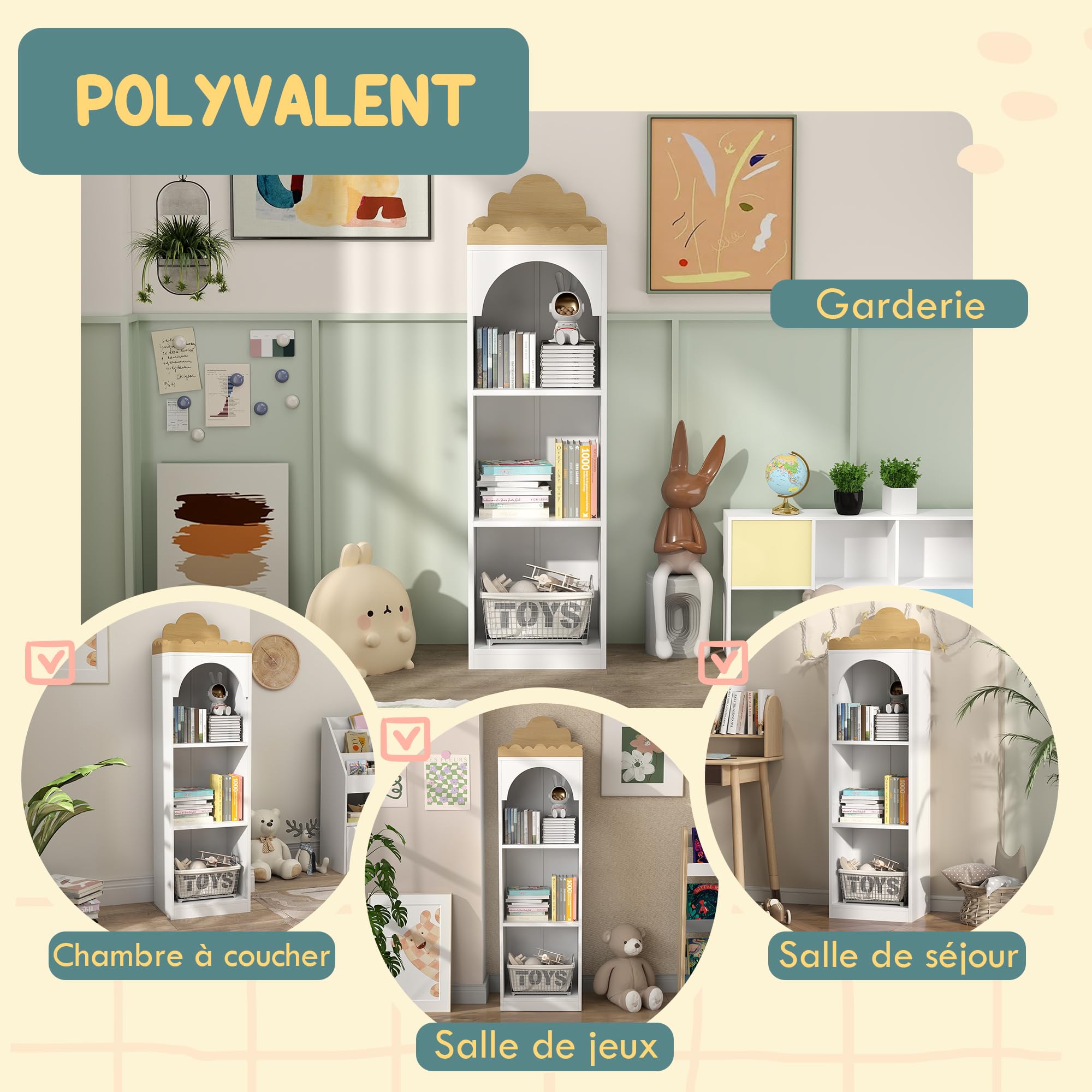 AIYAPLAY Libreria per Bambini con 4 Cubi Aperti e Ripiani Superiori, Scaffale Portagiochi con Armadietto Inferiore in Legno, per Cameretta, Soggiorno e Asilo Nido, 80x30x140.5 cm, Bianco e Color Legno