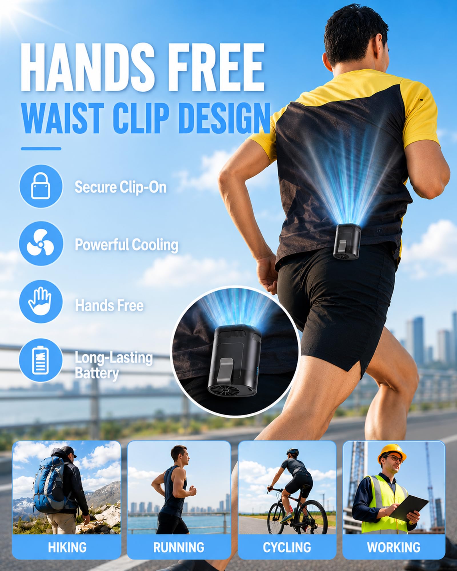Ventilador de Cintura, Ultra Ligero Ventilador de Cinturón, Mini Ventilador Portátil con Clip & Cordón, Ventilador Manos Libres para Trabajo al Aire Libre, Senderismo, Ciclismo, Camping