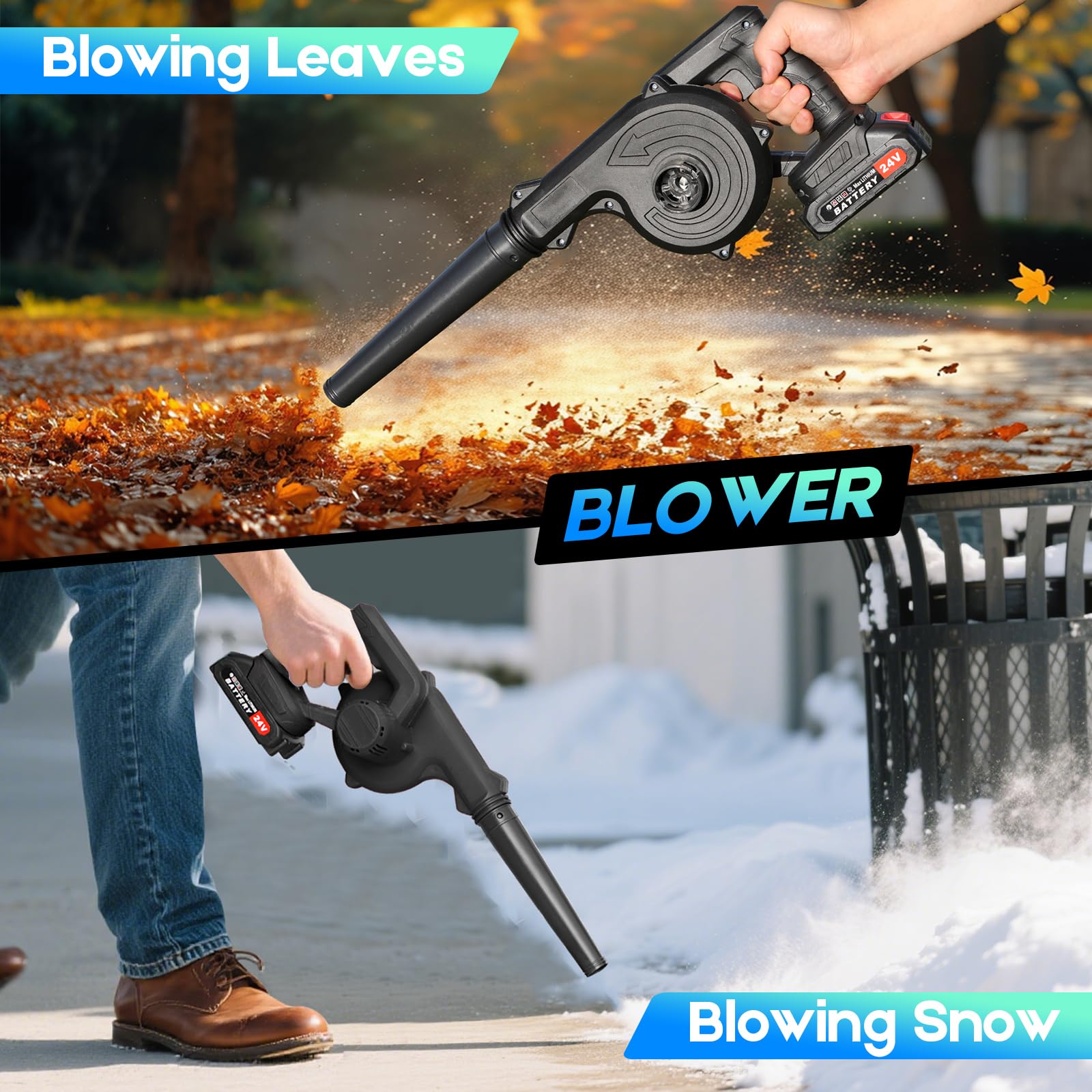 Soffiatore a Batteria Senza Fili 24V – Motore Brushless, 2 Batterie 2000mAh Incluse + Caricabatterie – Leggero e Portatile, per Giardino, Terrazza, Garage, Neve, Polvere e Peli di Animali(Nero)