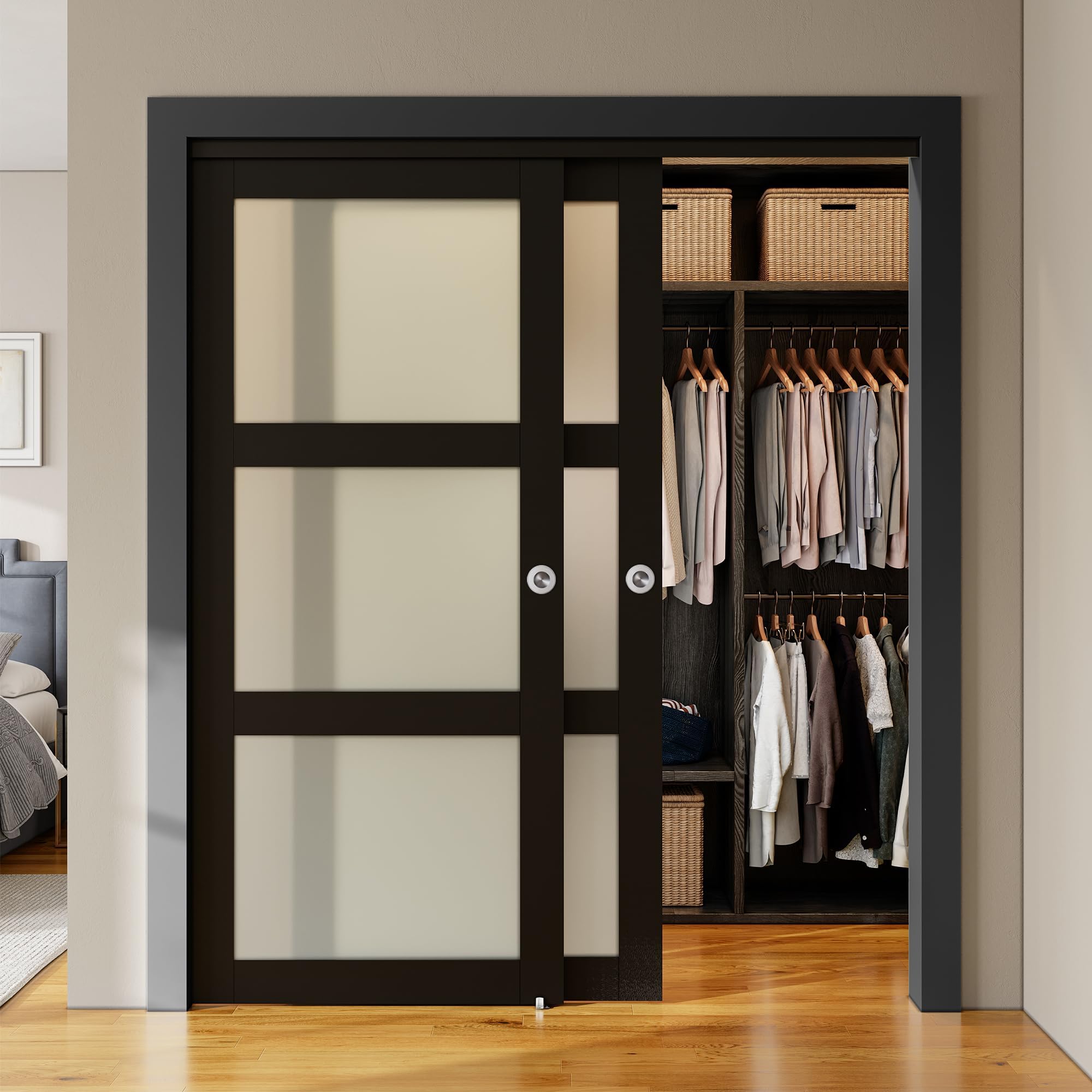 SMARTSTANDARD Bypass Sliding Closet Doors 64x80 in (Double 33in) for Bedroom, 3-Lite Frosted Glass Bypass Door with Hardware Kit Included, Preassembled Door Panel, Water-Proof PVC Surface, Black