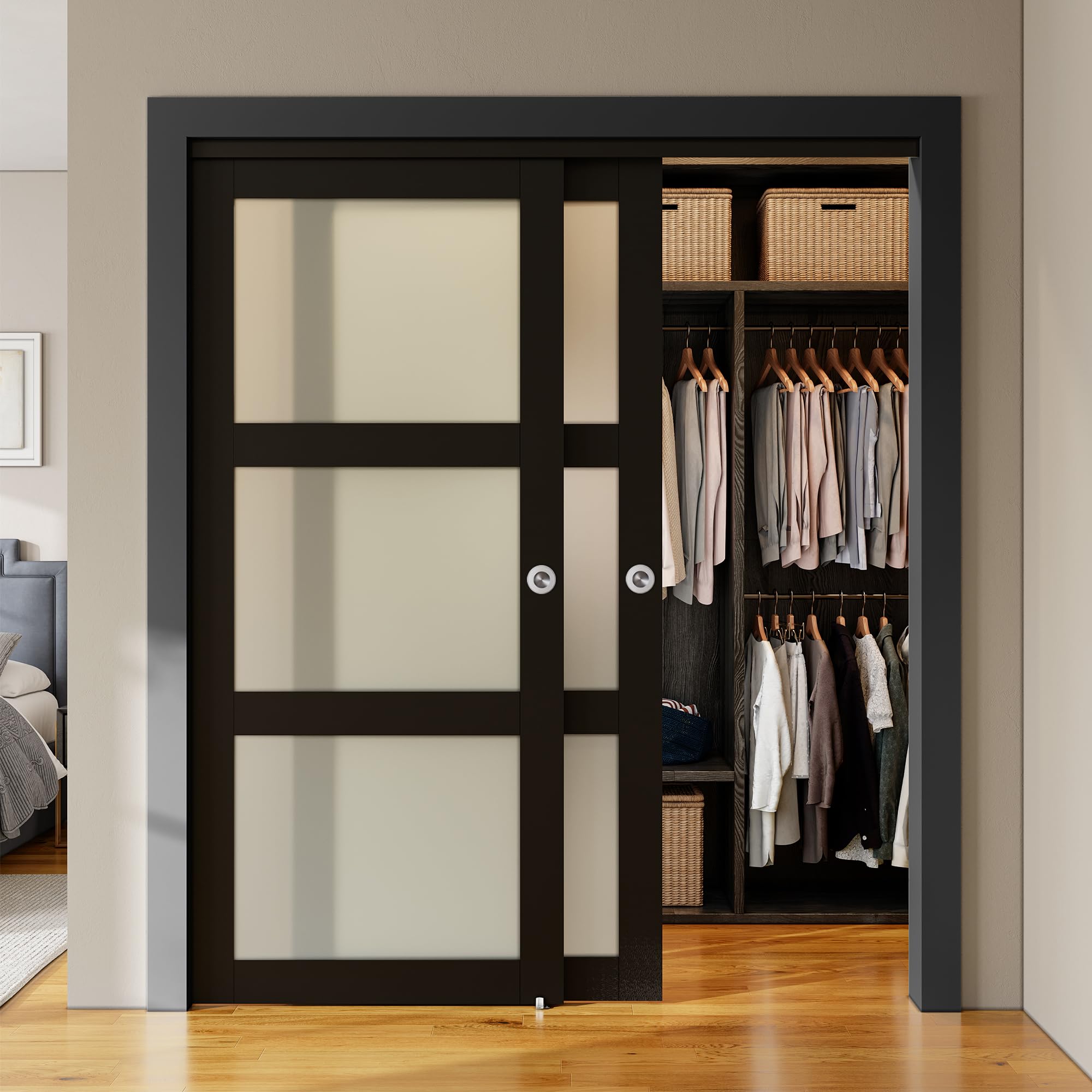 SMARTSTANDARD Bypass Sliding Closet Doors 72x80 in (Double 37in) for Bedroom, 3-Lite Frosted Glass Bypass Door with Hardware Kit Included, Preassembled Door Panel, Water-Proof PVC Surface, Black