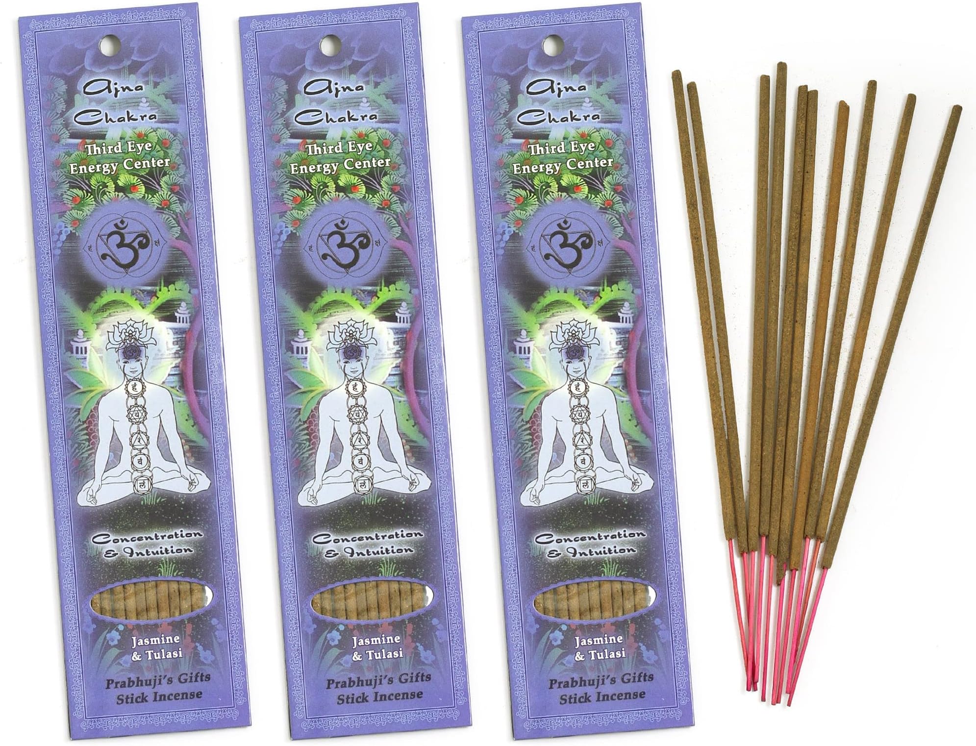 Prabhuji's Gifts Third Eye Chakra Ajna - Hand-Rolled Spiritual Incense Sticks - Chakra Incense - Aromatic Sticks - Stick Incense for Meditation - Concentration and Intuition - 3 Packs of 10 Sticks
