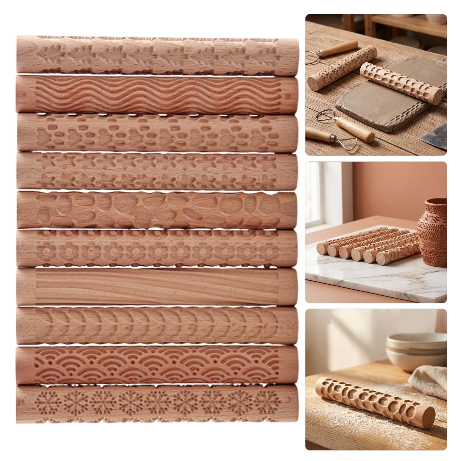 Juego de 10 Piezas de Rodillos de Madera para Arcilla Polimérica Mango de Madera y Patrones Tallados a Mano para Estudios de Cerámica y Proyectos DIY