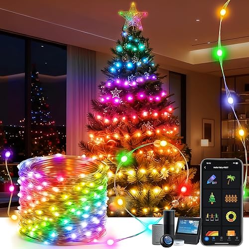 Guirnalda de luces inteligentes de Navidad, 33 pies, 100 luces LED que cambian de color, funciona con Alexa Google Home, WiFi arco iris, luz de