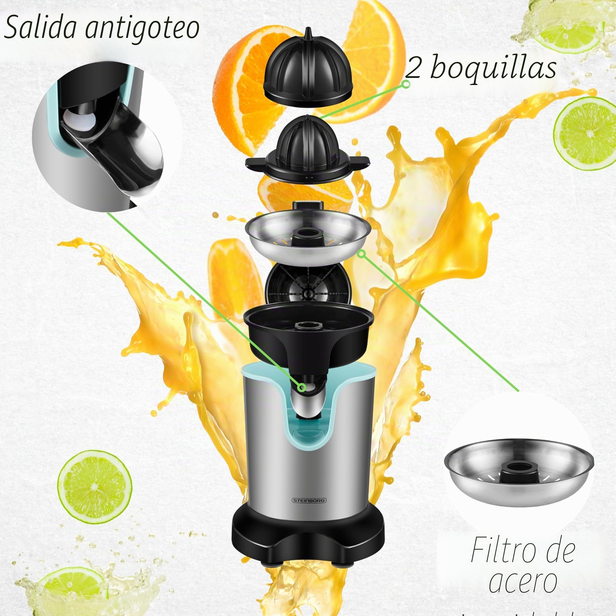 Exprimidor eléctrico de cítricos, 800 W, motor Longlife, de acero inoxidable, exprimidor eléctrico, de arranque automático, apto para lavavajillas, exprimidor de frutas, exprimidor de cítricos