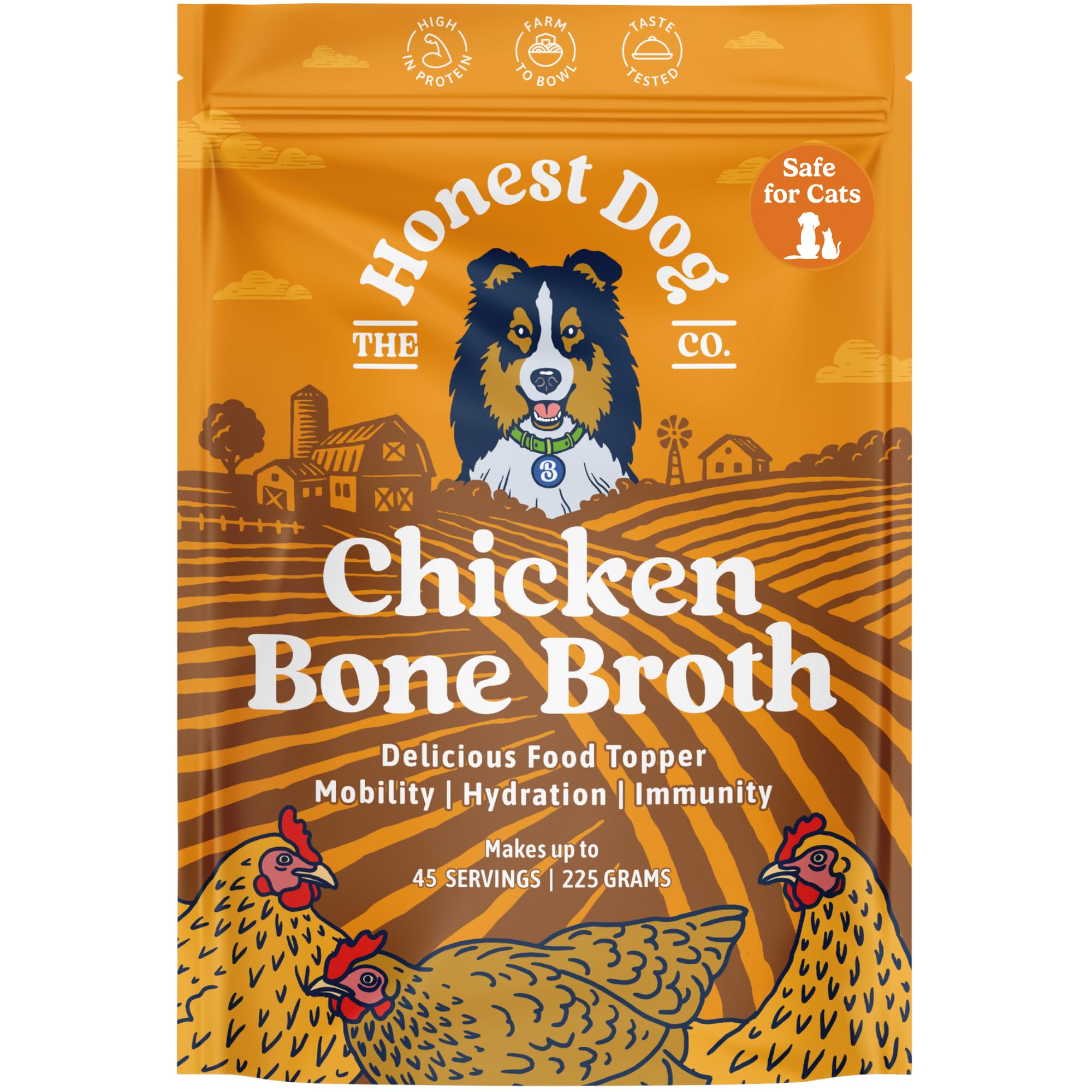 Honest Dog Co. Chicken Bone Broth for Dogs & Cats | Packed with Collagen & Protein for Joint Health & Digestion | Food Topper & Gravy for Picky Eaters | 225g (up to 45 Servings)