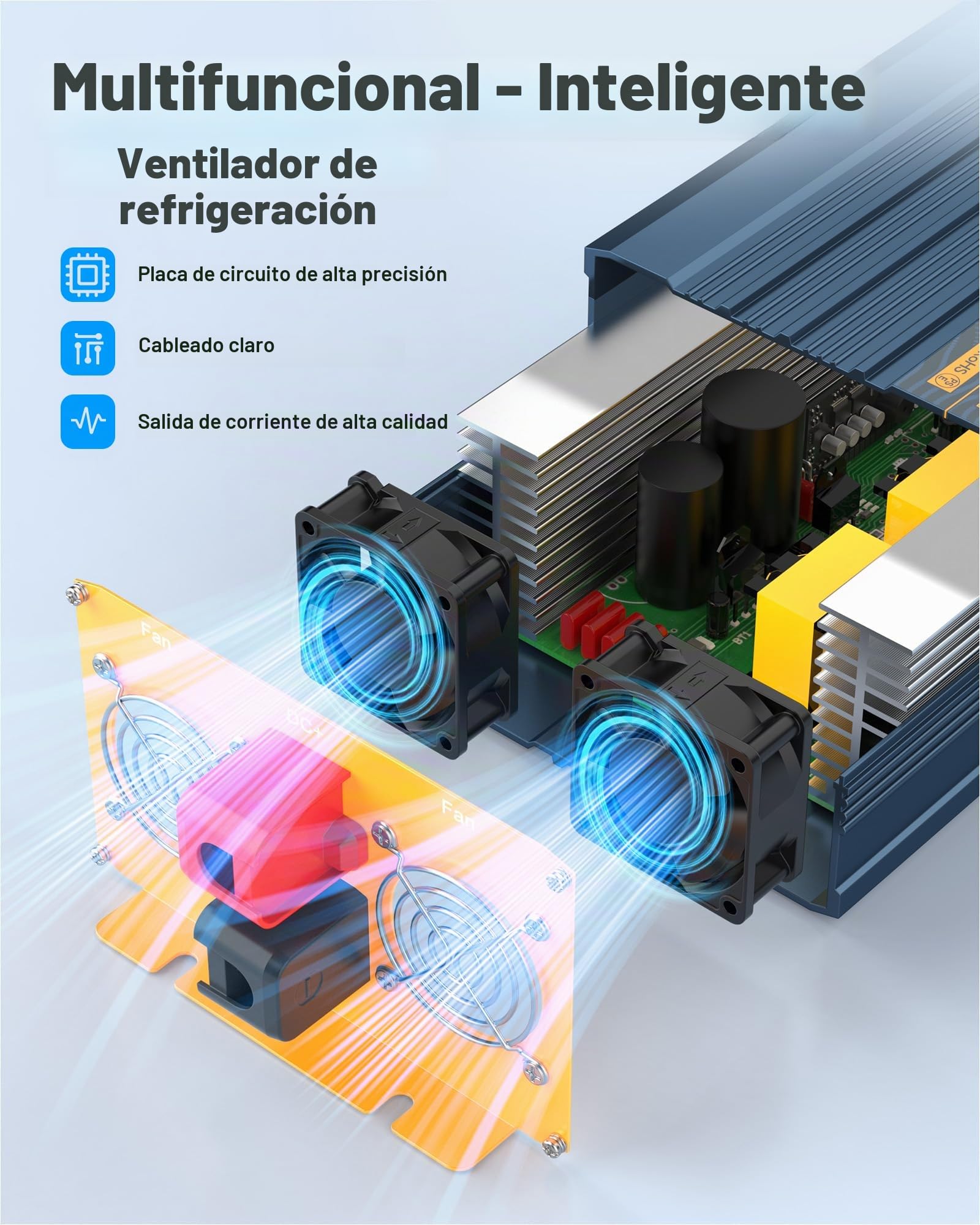 Inversor de Corriente 1200W/2400W Onda Sinusoidal Pura 12V a 230V, Pantalla LCD para Autocaravana Camión Coche