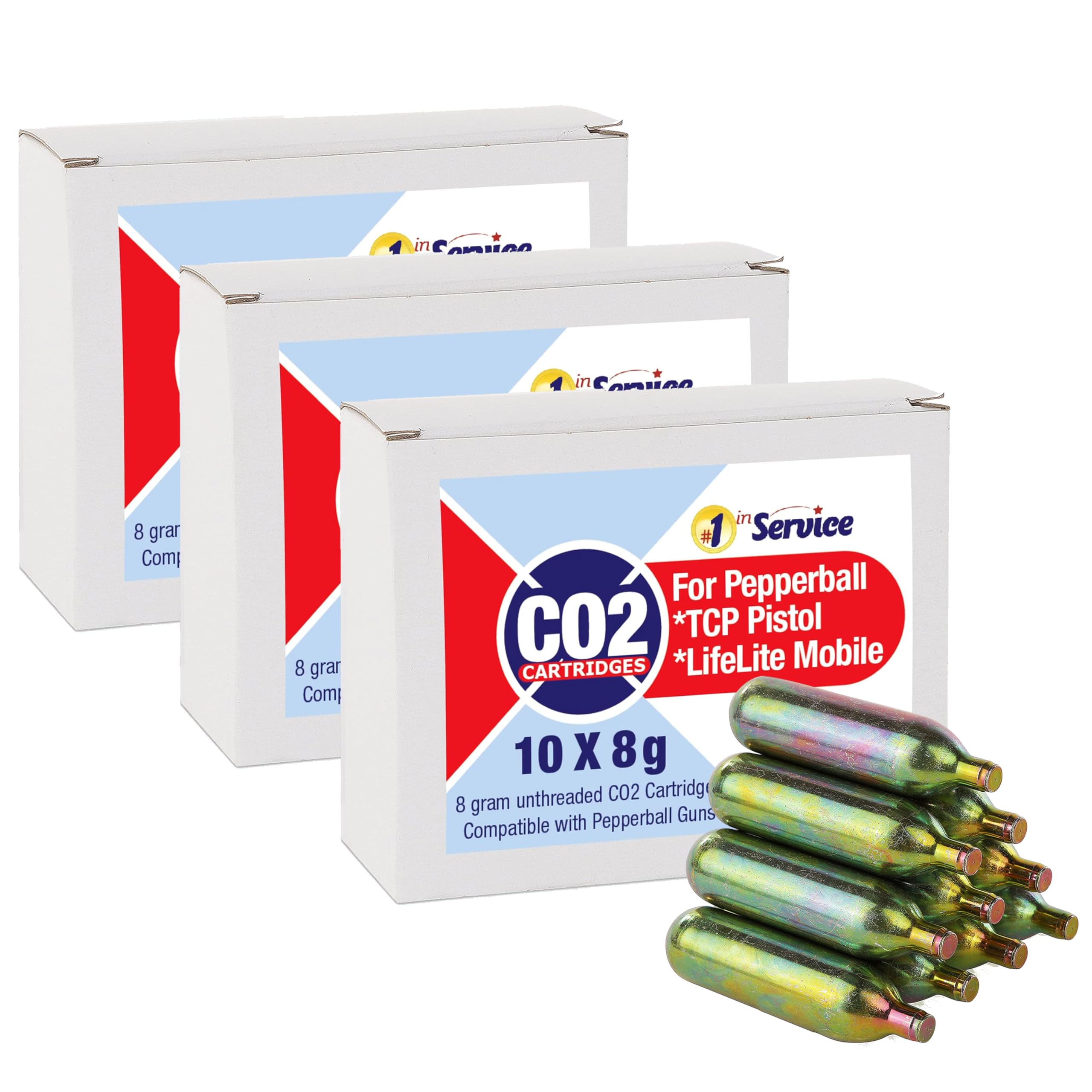 Number 1 In Service 8 Gram CO2 Cartridges for Pepperball Guns, Cartridge for Pepper Spray Gun Personal Non Lethal Gun Defense Spray with Number 1 in Service Tissue Pack, 30 Pack