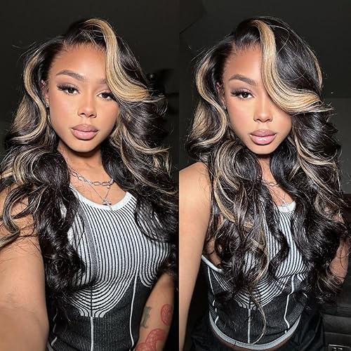 250 Density FB/27 Balayage Highlight Ombre Lace Front Wig Human Hair Body Wave 13x4 HD Transparent Lace Front Wigs Human Hair Pre Plucked 24 Inch Ash Blonde Wig for Women