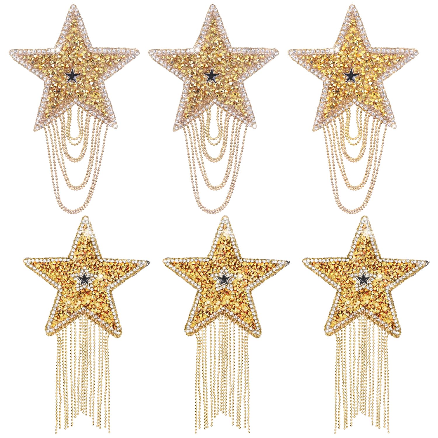 6 Pcs Star Iron on Patches for Clothing,Shiny Gold Rhinestone Tassel Five Pointed Star Pattern with Chains for Hats Jeans Bags DIY Crafts