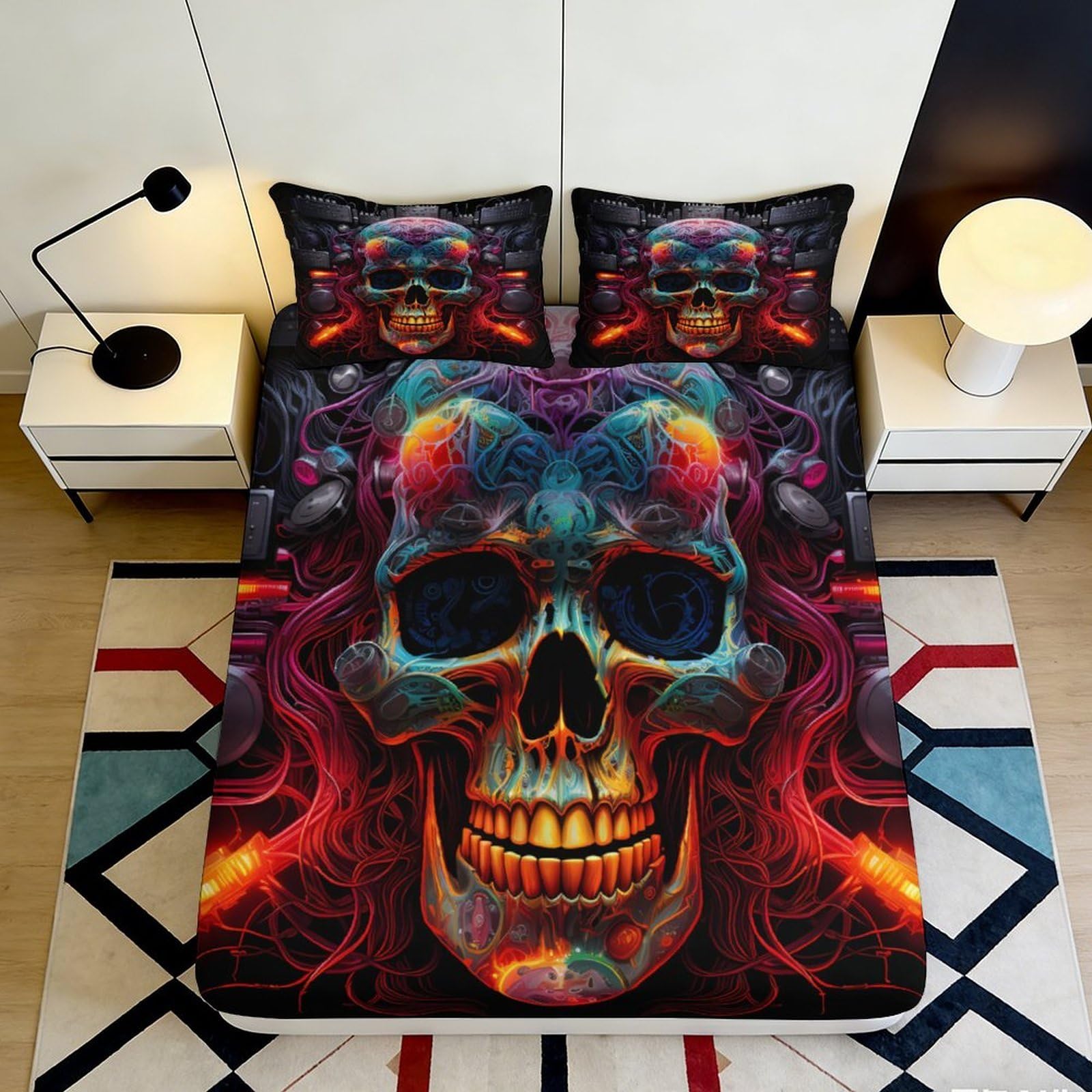 3D Printed Neon Skull Fitted Sheet Microfiber Durable Soft 3D Skull Art Bed Cover for Bedroom Dormitory Guest Room Mattress Protection 200x200x25cm