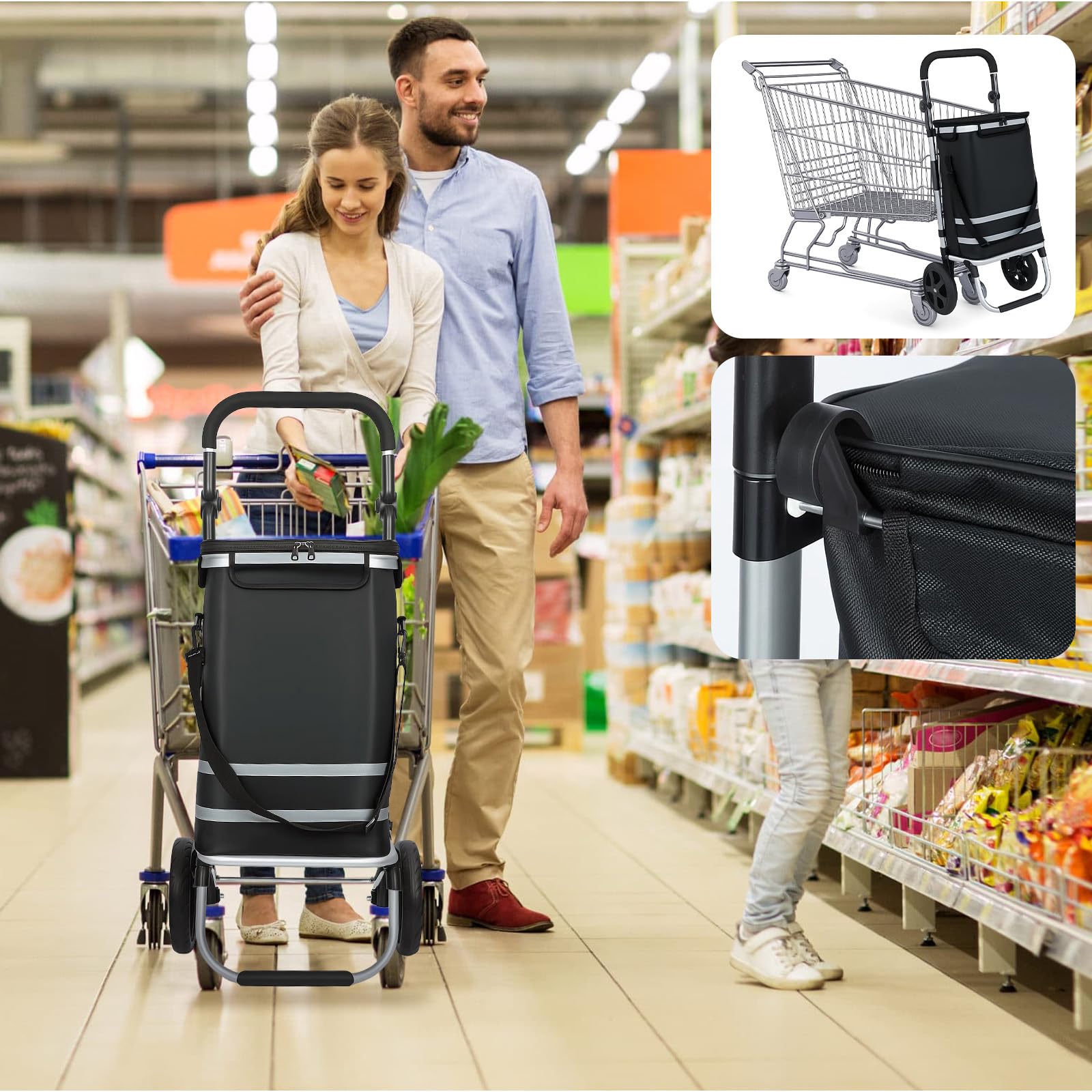 Einkaufstrolley 64 L, klappbarer Einkaufswagen mit Aluminiumrahmen, bis 60 kg Tragkraft, große Rollen & höhenverstellbarer Griff, Faltbare Einkaufstasche mit Kühltasche