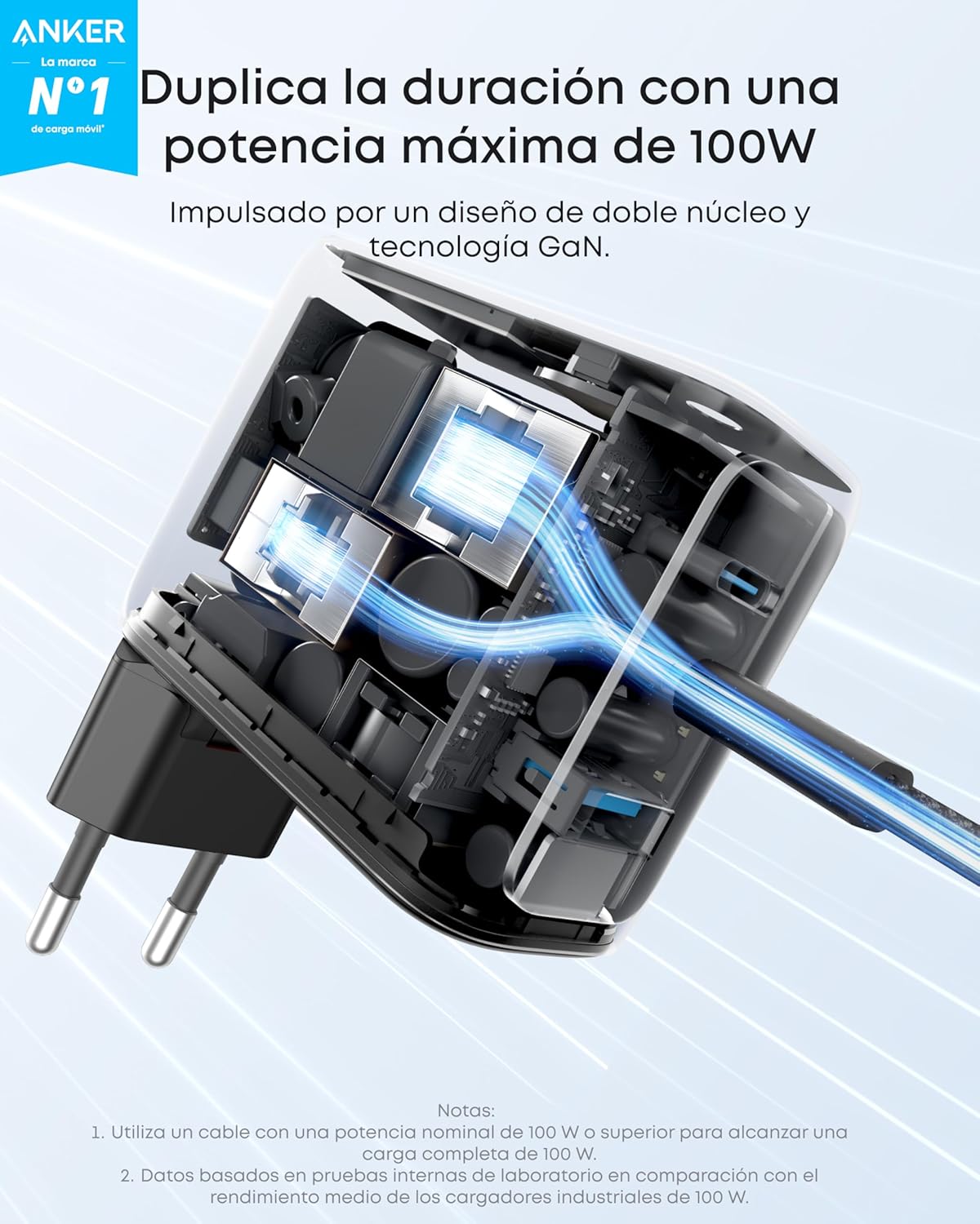 Anker Cargador USB C 100 W, Cargador de Pared GAN Compacto de 3 Puertos, Pantalla Inteligente, Control por Toque, Compatible con MacBook, iPad, Series iPhone 17/16/15 3
