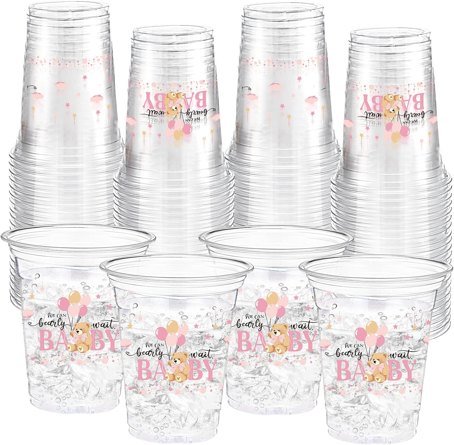 Funnymoom 60 Pcs Pink Bear Plastic Cups 16 oz Disposable Clear Baby Shower Drinking Cups for Bee Theme Party Gender Reveal Supplies Decoration