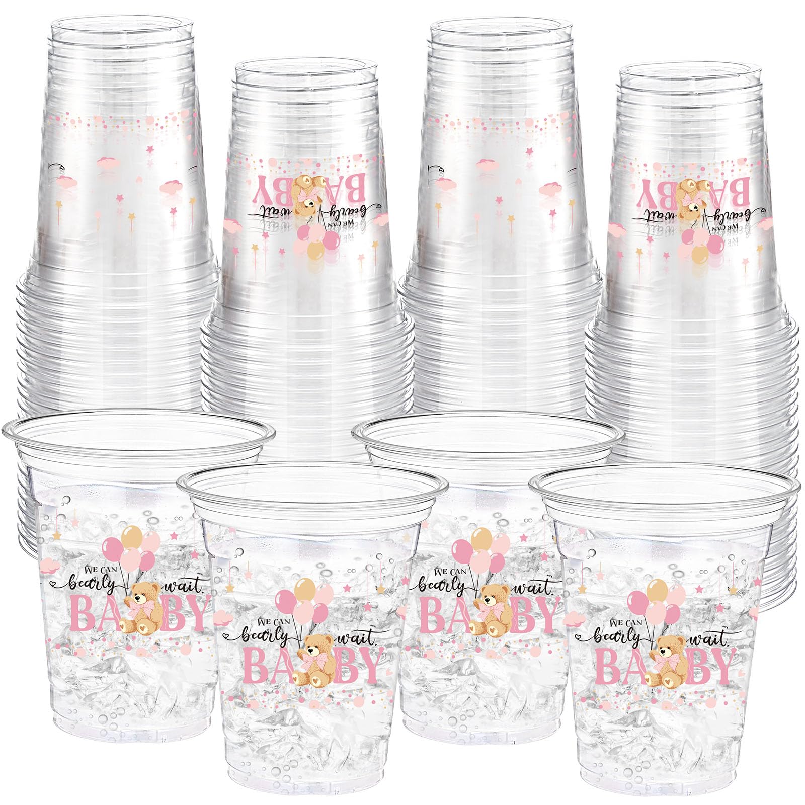 Funnymoom 60 Pcs Pink Bear Plastic Cups 16 oz Disposable Clear Baby Shower Drinking Cups for Bee Theme Party Gender Reveal Supplies Decoration