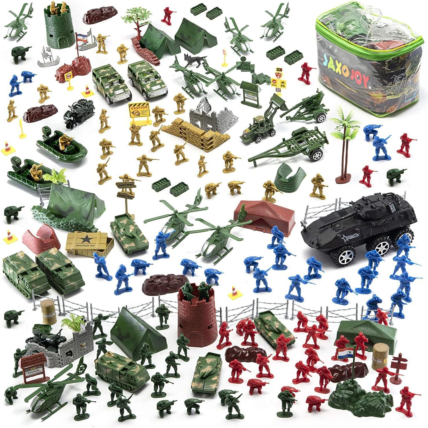 JaxoJoy 200-Piece Army Toys Military Set, Includes: Army Men, Vehicles, Aircraft , Boats, Base & More, Guys Toys for Boys, Soldiers, Toy Military Vechicles & Accessories