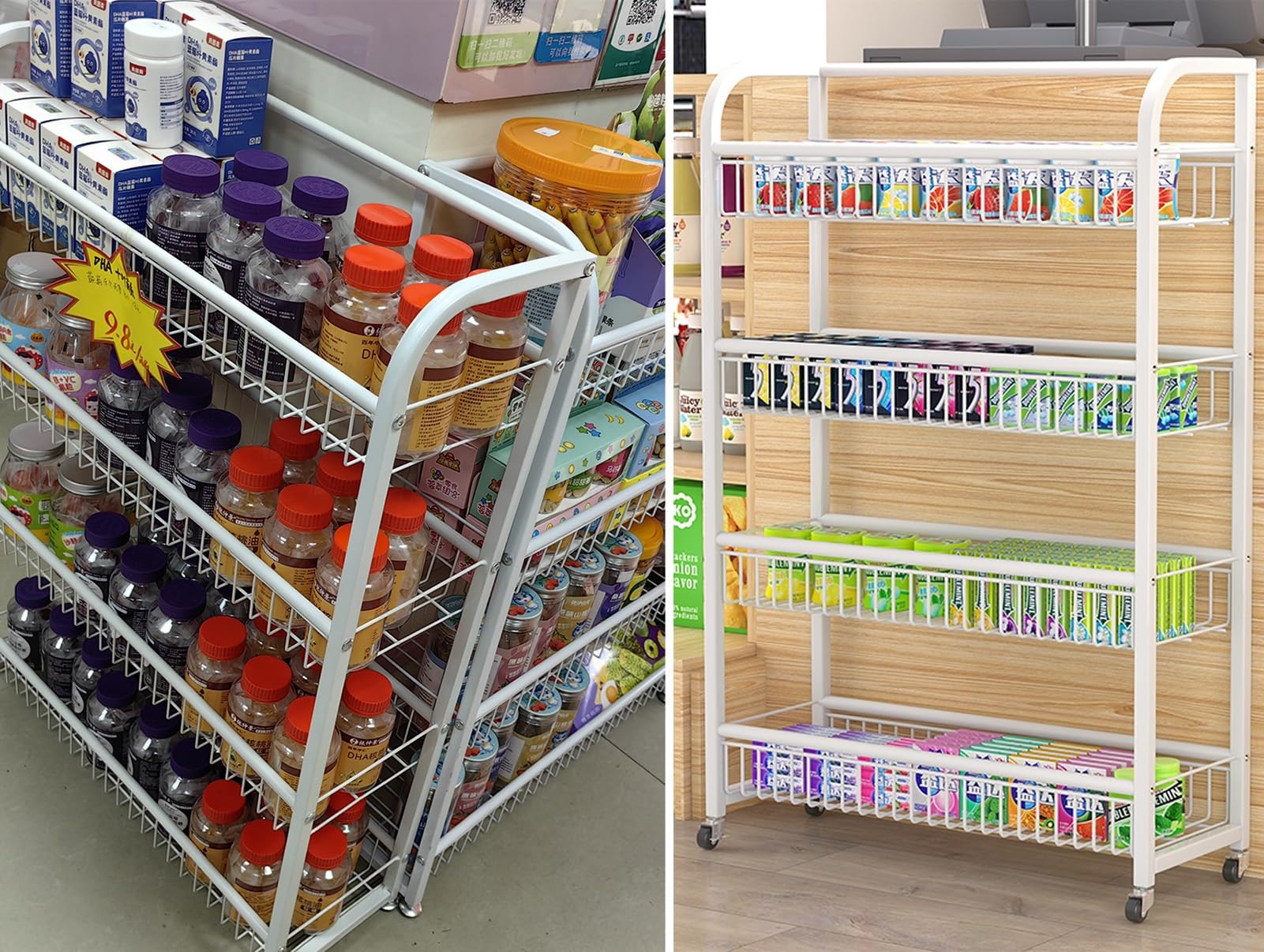 Verkaufsständer für Snacks, rollender Supermarktwagen mit Rädern, kommerzieller Obst-, Süßwaren- und Kartoffel-Organizer für Speisekammer, Küche, Kino