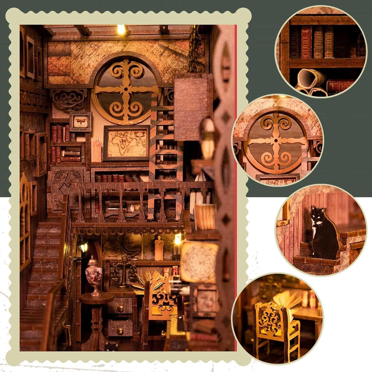 Model edukacyjny Zestaw kącika książek, DIY domek dla lalek Booknook wstaw wystrój alei, drewniane puzzle 3D ze światłem, edukacyjne zestawy do budowania półek na książki, budowanie modeli regałów
